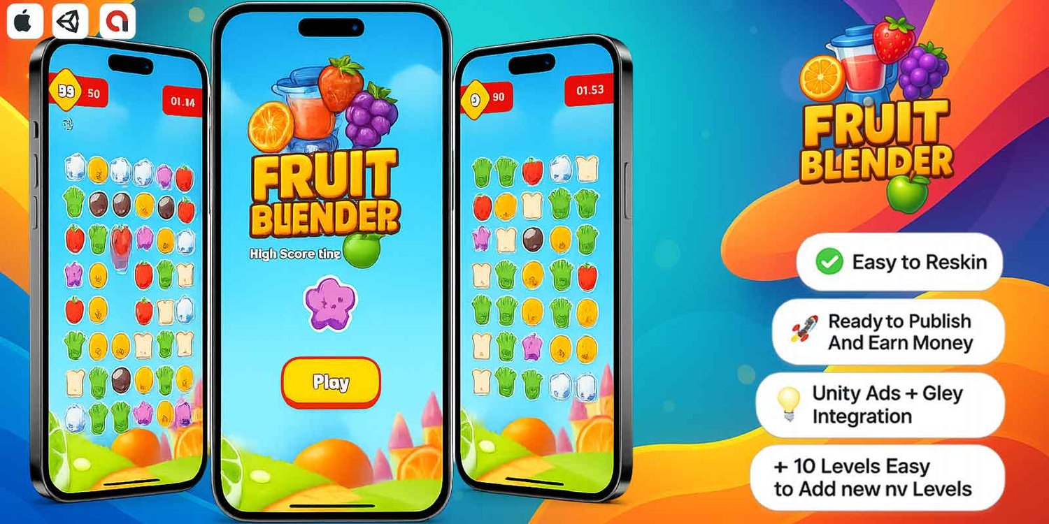 Fruit Blender Unity 2D Puzzle Game Template unity match 3 game unity 3 match puzzle unity match game