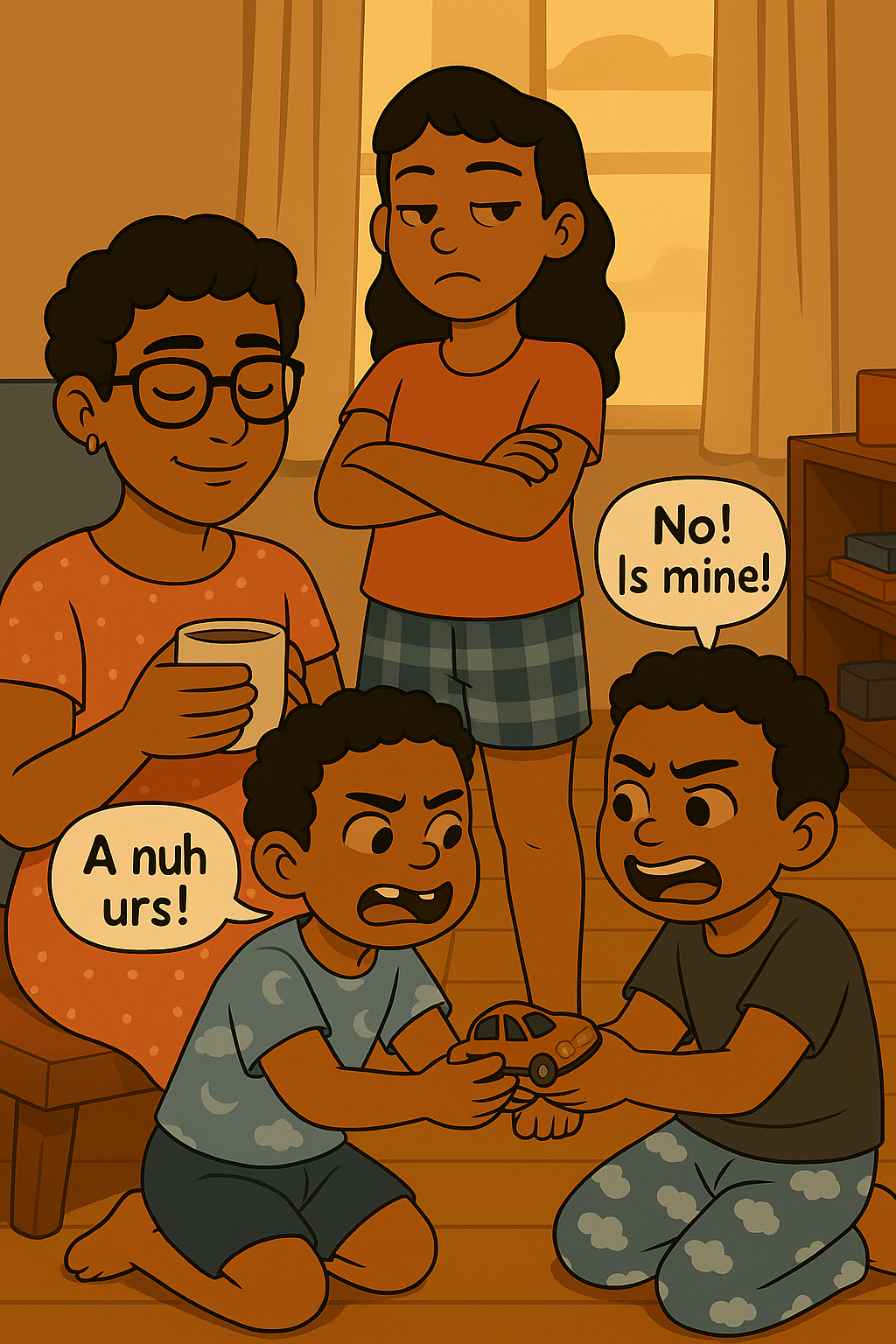 African American family cartoon — mom sipping tea, daughter rolling eyes, two boys fighting over toy car in cozy morning scene.