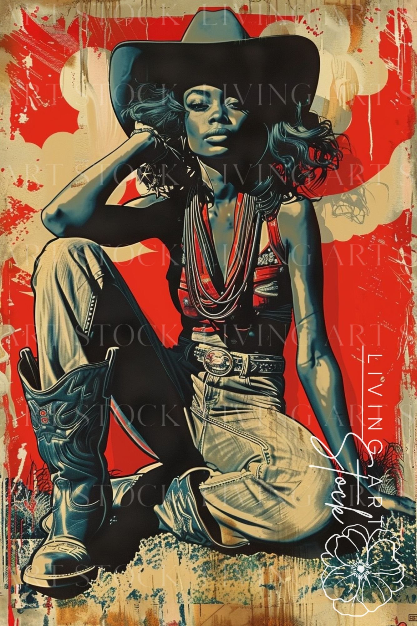 Black woman cowgirl distressed art wallpaper