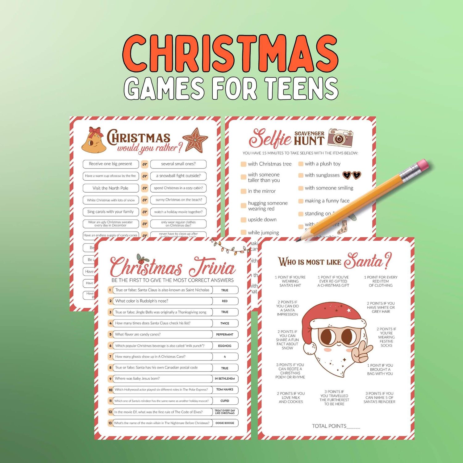 Christmas Games for Teens – Printable Holiday Party Bundle with 10 Fun