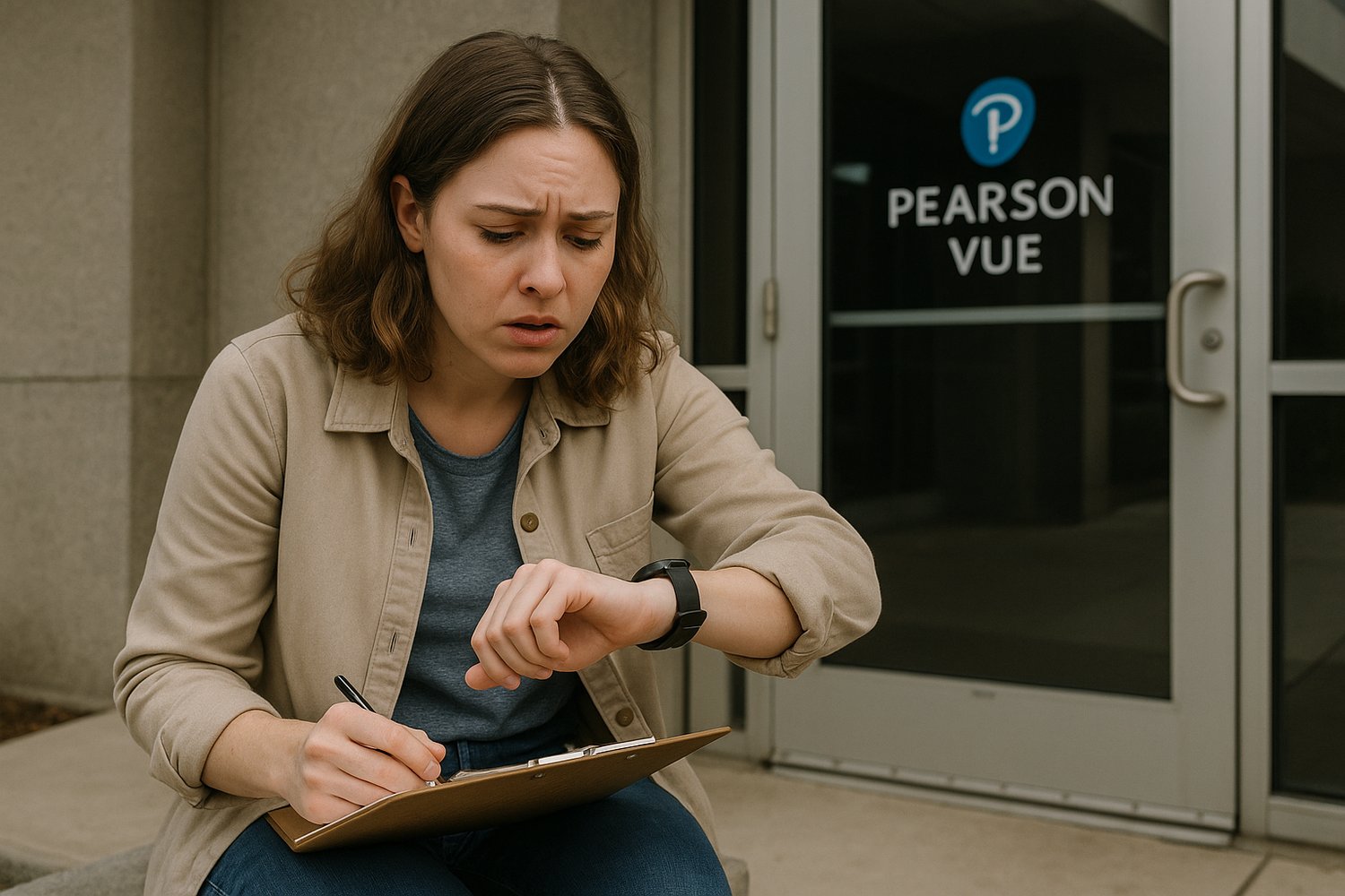 Photo-realistic image of a nursing student sitting outside a testing center, looking anxious after finishing the NCLEX at 85 questions. The setting includes a Pearson VUE sign, natural lighting, and realistic detail to convey emotional tension.