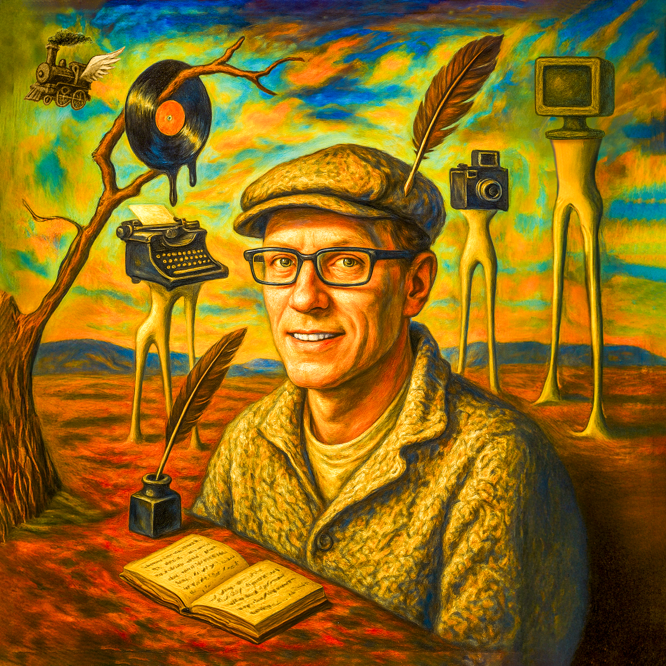 Surreal portrait of a man wearing glasses and a flat cap, seated before an open notebook in a vibrant landscape, surrounded by floating objects—a vinyl record, typewriter, feather quill, film camera, and vintage television—symbolizing creativity and storytelling.