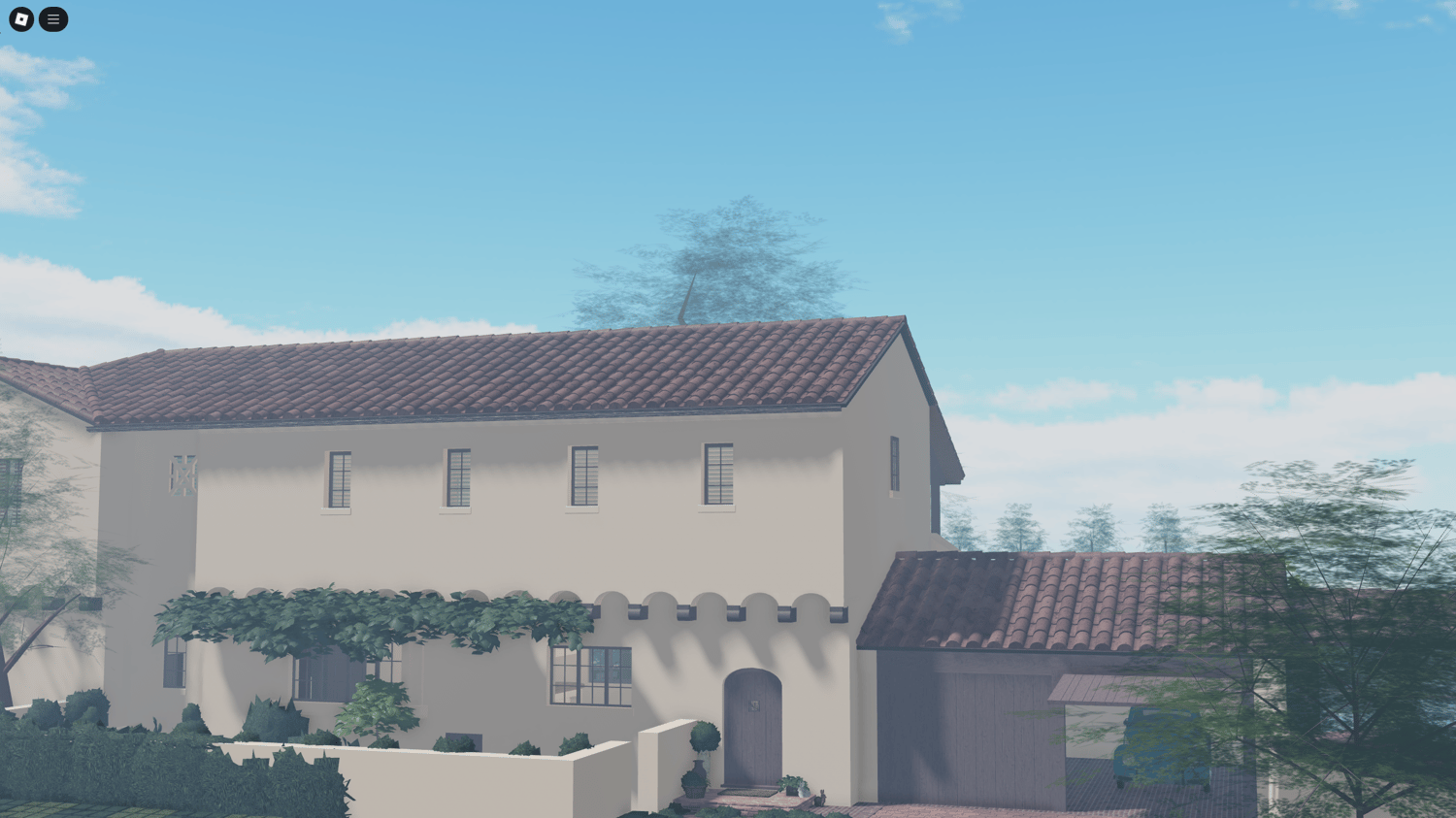 Front view of modern two-story Roblox family villa