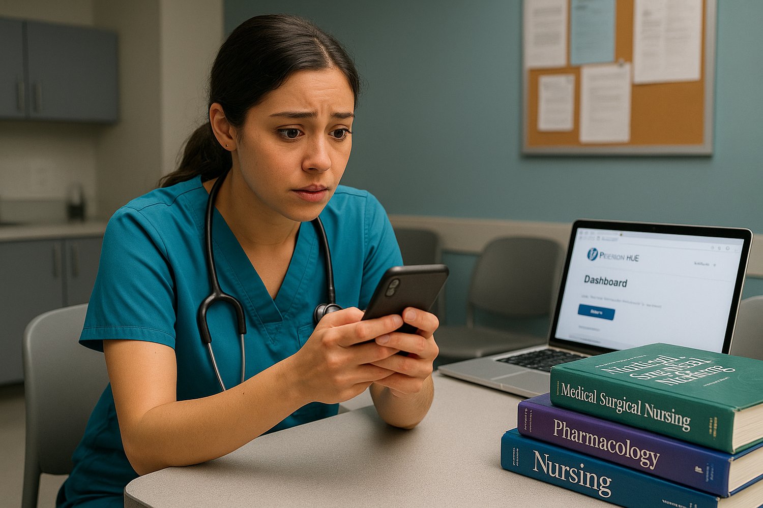 A young nurse checking her phone in the hospital break room, wearing scrubs with a look of anxious hope. Background includes nursing textbooks and a laptop showing the Pearson Vue site.