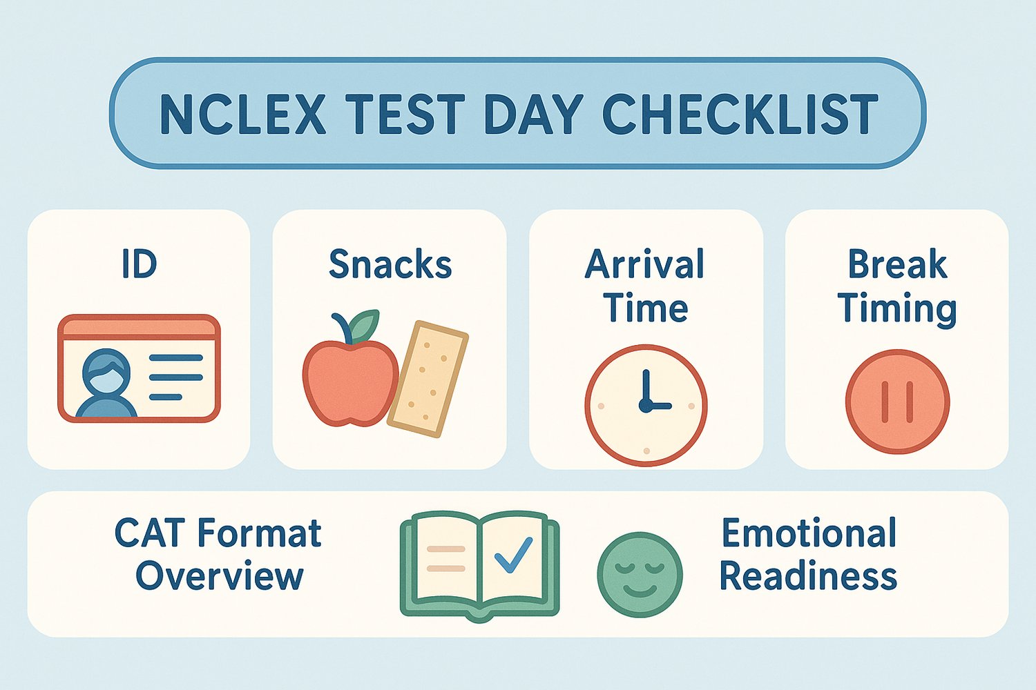 Mobile-friendly infographic with pastel blue/red/green palette showing "NCLEX Test Day Checklist": ID, Snacks, Arrival Time, Break Timing, CAT Format Overview, Emotional Readiness (with icons).
