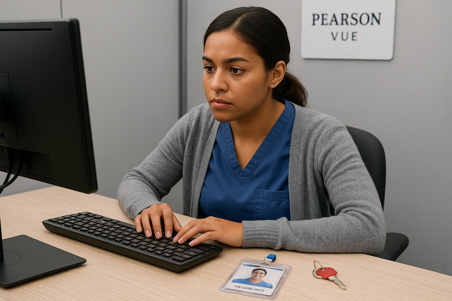Nurse candidate sitting at a Pearson VUE testing center desk, looking focused, wearing layered clothing, with ID and locker key on desk