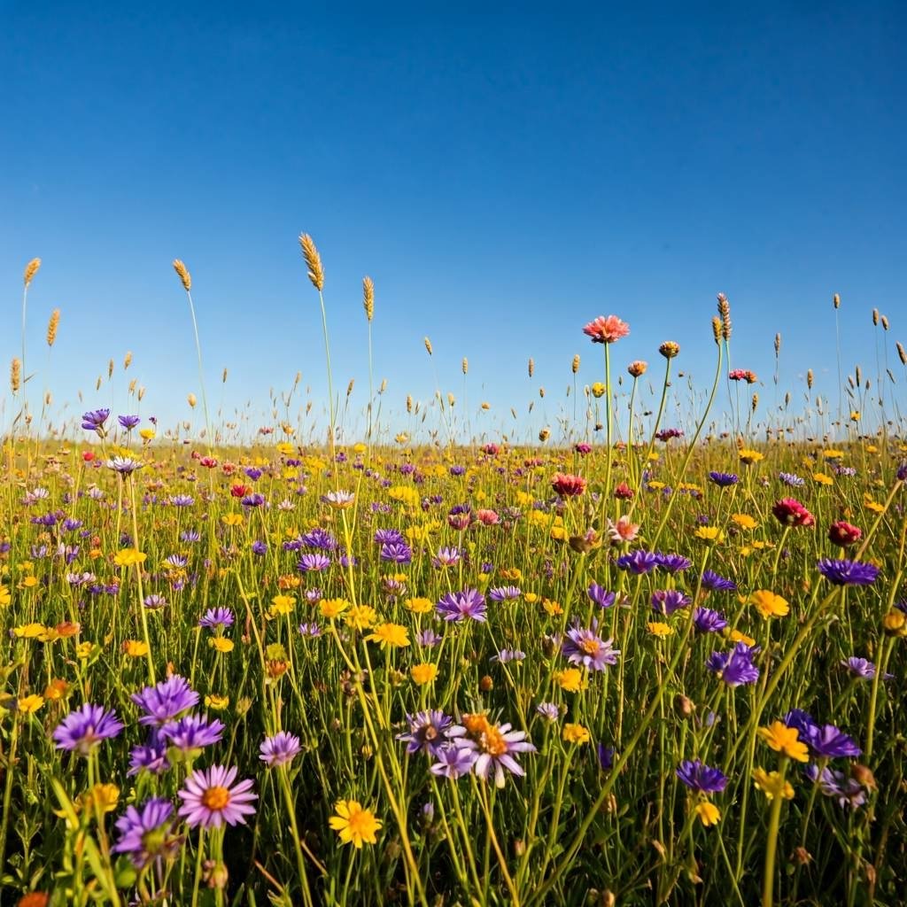 Imagine a sun-drenched meadow, wildflowers swaying gently in a soft breeze. A clear blue sky stretches above, dotted with fluffy white clouds.