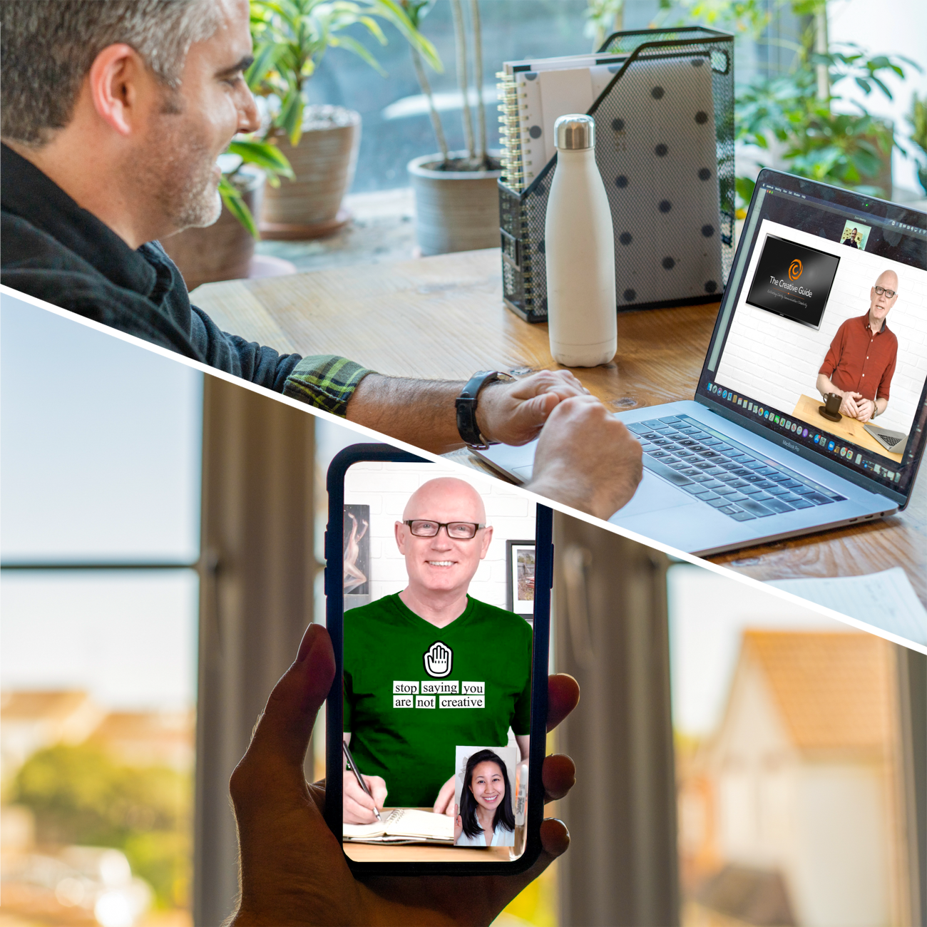 A split-screen composite showing two scenes of online learning. The top section depicts a man smiling at a laptop during a Zoom session, where an instructor appears on screen presenting against a white brick background with The Creative Guide logo. The bottom section shows a hand holding a smartphone, displaying a video call with the same instructor wearing a green shirt that reads "stop saying you are not creative," while a female participant smiles in a small video window.