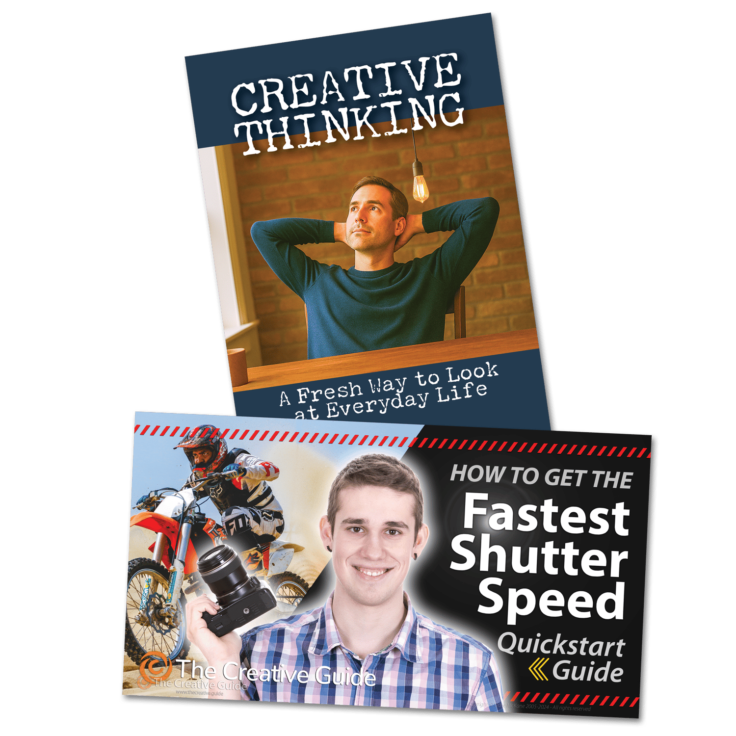 Two eBook covers from The Creative Guide. The first, titled "Creative Thinking: A Fresh Way to Look at Everyday Life," shows a man in a green sweater sitting with hands behind his head, looking upward thoughtfully against a brick wall background. The second, titled "How to Get the Fastest Shutter Speed: Quickstart Guide," features a smiling man in a plaid shirt holding a camera, with a motocross rider in action blurred in the background.