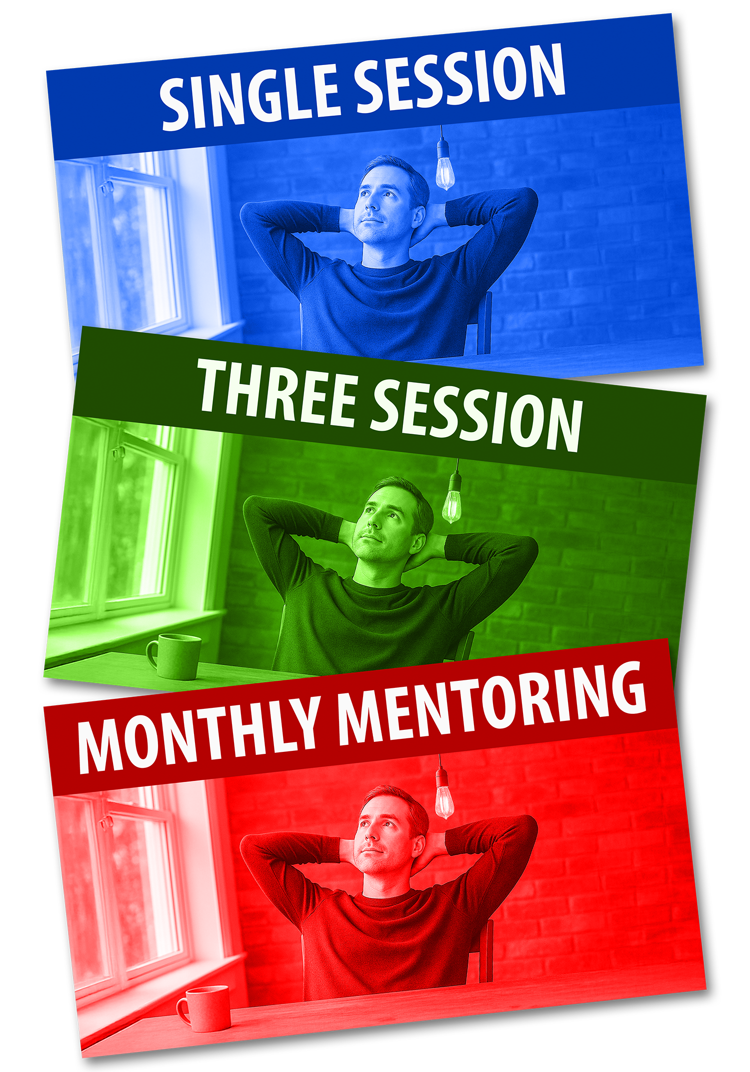 Three colorful banners showing training options from The Creative Guide. Each banner features the same man sitting at a table with hands behind his head, looking thoughtful toward a hanging lightbulb. The top banner, in blue, reads "Single Session." The middle banner, in green, reads "Three Session." The bottom banner, in red, reads "Monthly Mentoring."