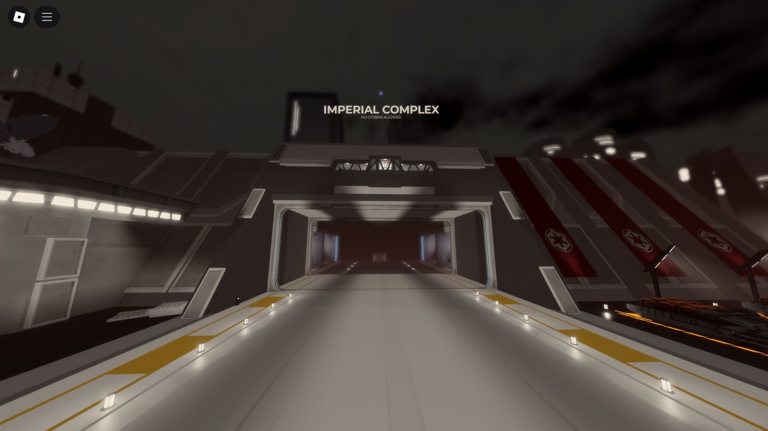 Marketplace area with glowing tech props and walkways
