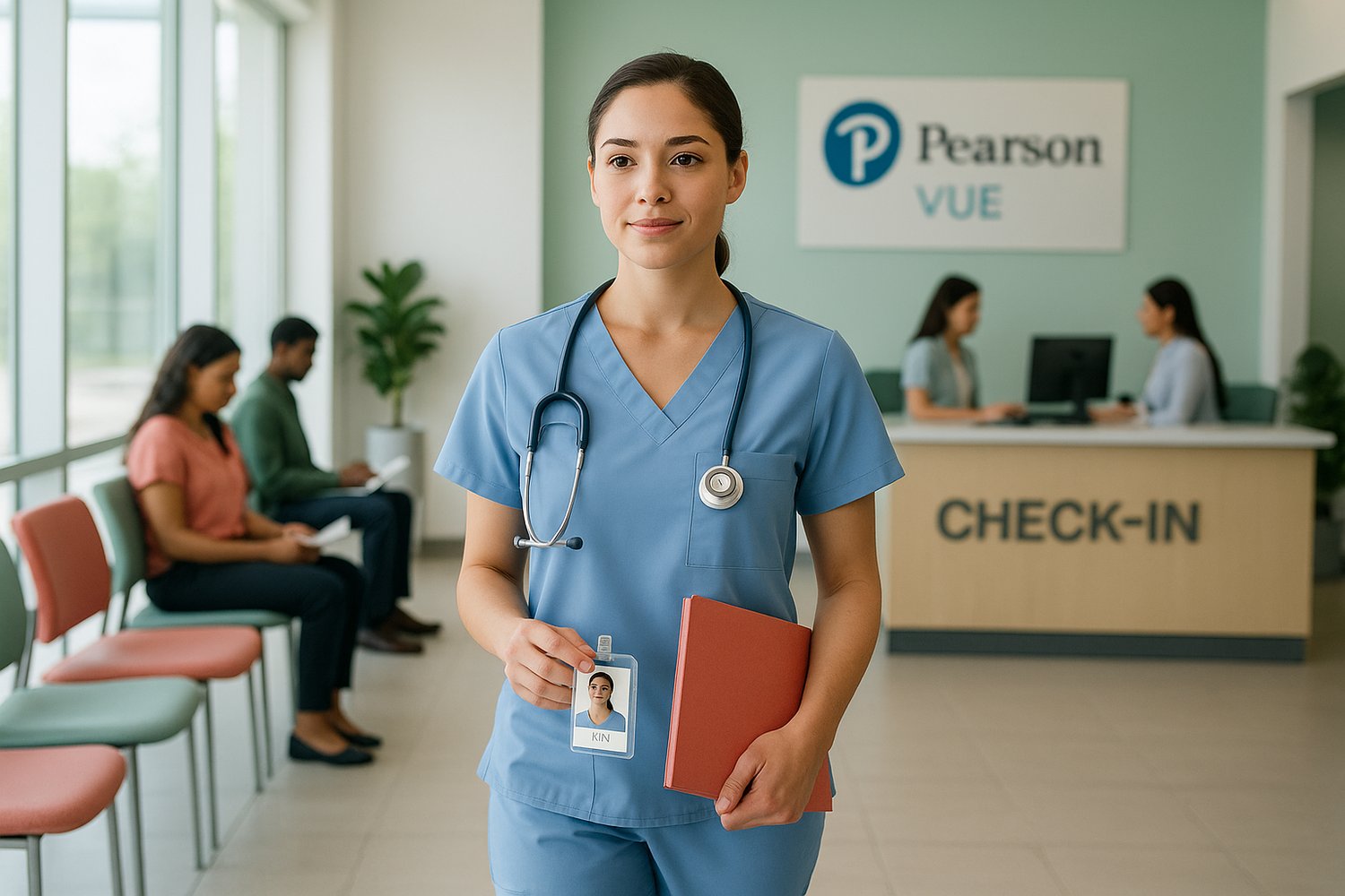 A bright, modern nursing testing center with a young nurse in scrubs confidently walking toward the check-in desk. She is holding her ID and a small folder of documents. The setting includes a Pearson VUE sign, a waiting area with chairs, and other candid