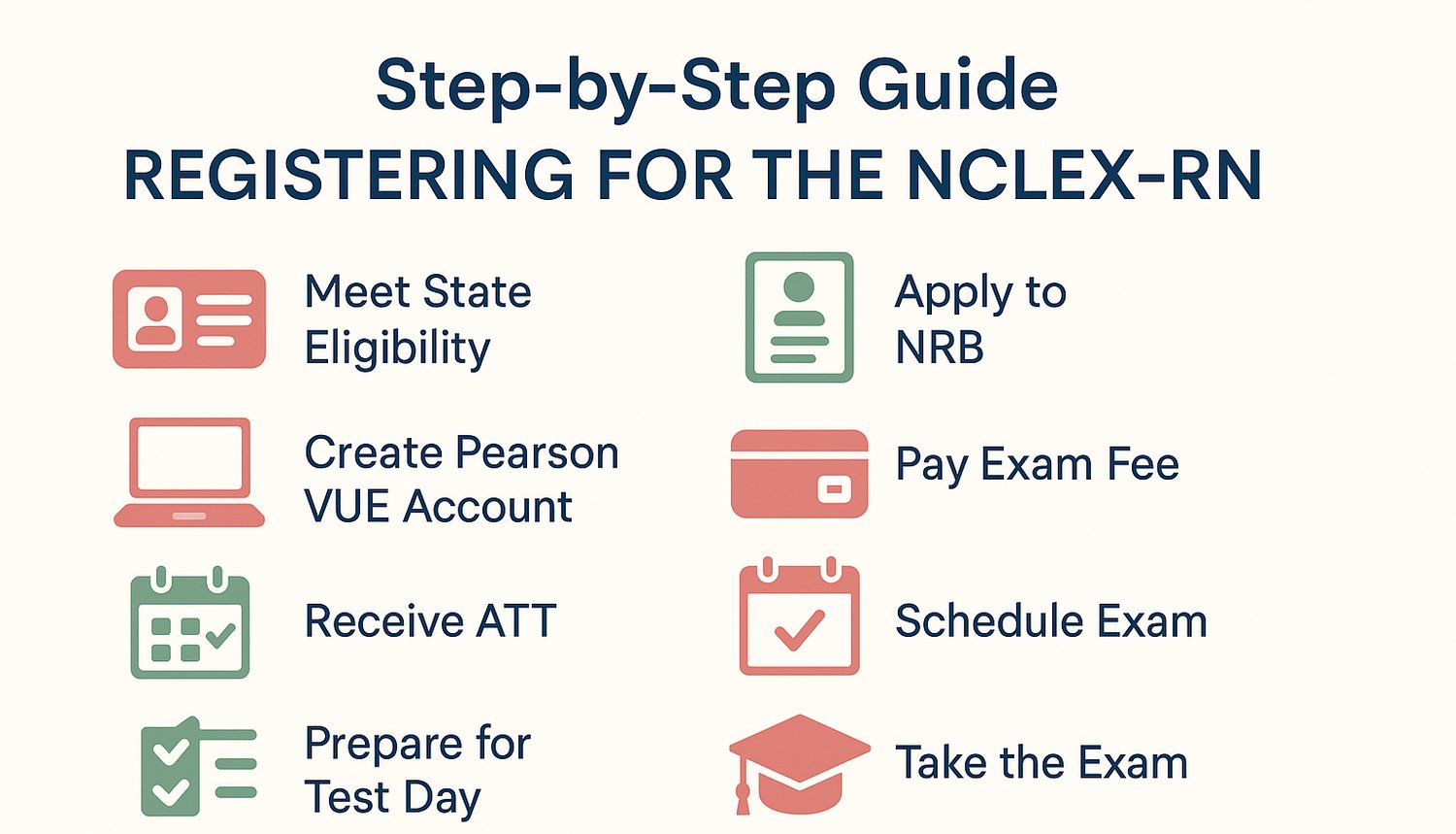 clean, flat digital infographic titled “Step-by-Step Guide to Registering for the NCLEX-RN” with navy and light blue header text and pastel red/green icons.