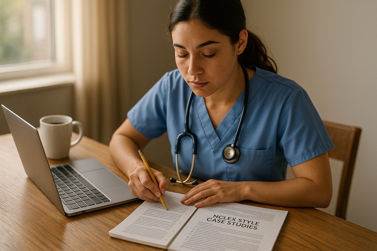 Image of a nursing student in scrubs at a quiet desk, reviewing NCLEX-style case studies with a laptop and notepad, coffee cup nearby, soft morning light.