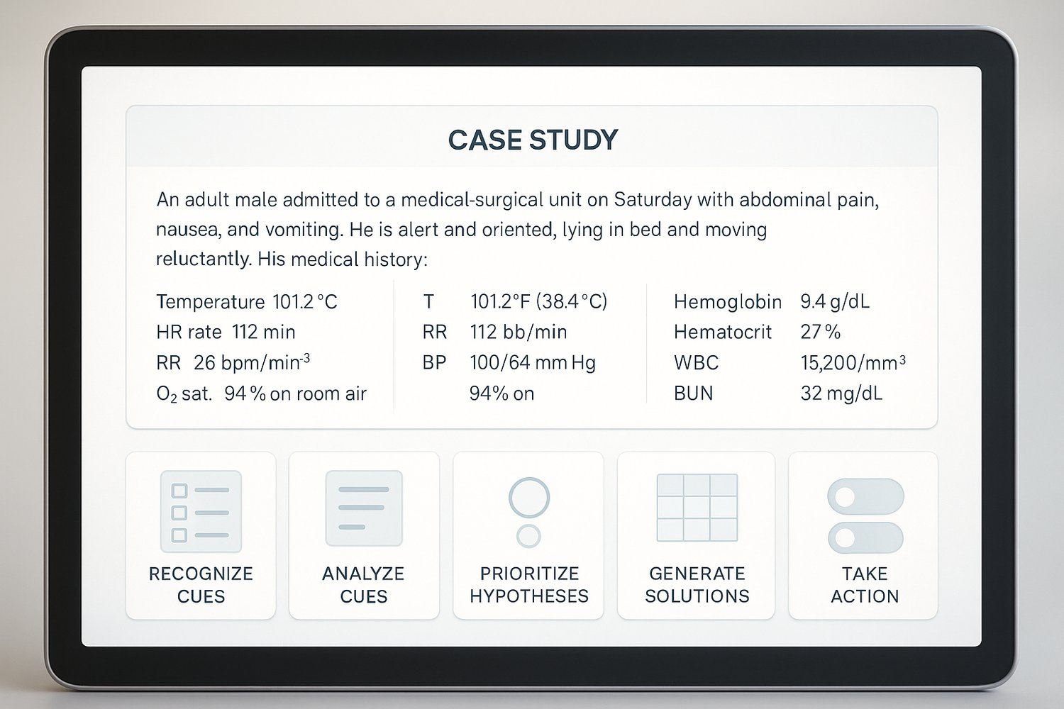Tablet screen highlighting an example of an NCLEX NGN Case Study