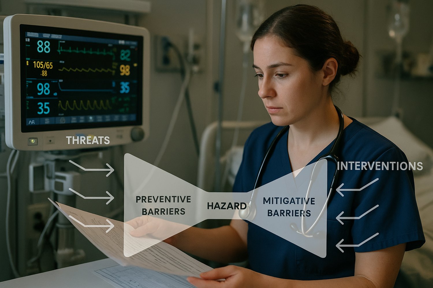 ICU nurse analyzing monitor and labs, selecting interventions, with bowtie diagram overlay.