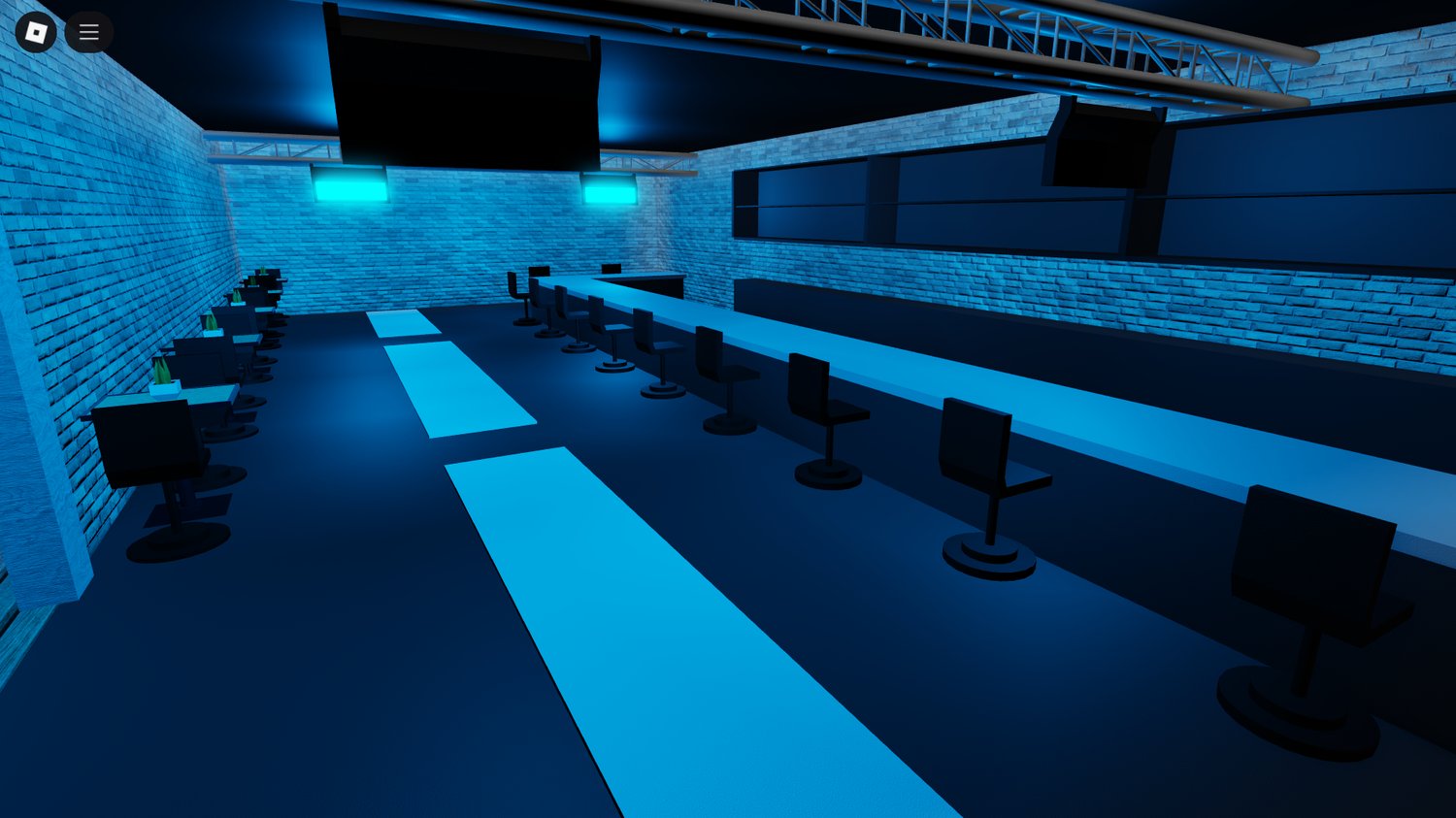 Pulse Night Club rooftop area – night city skyline view in Roblox roleplay map