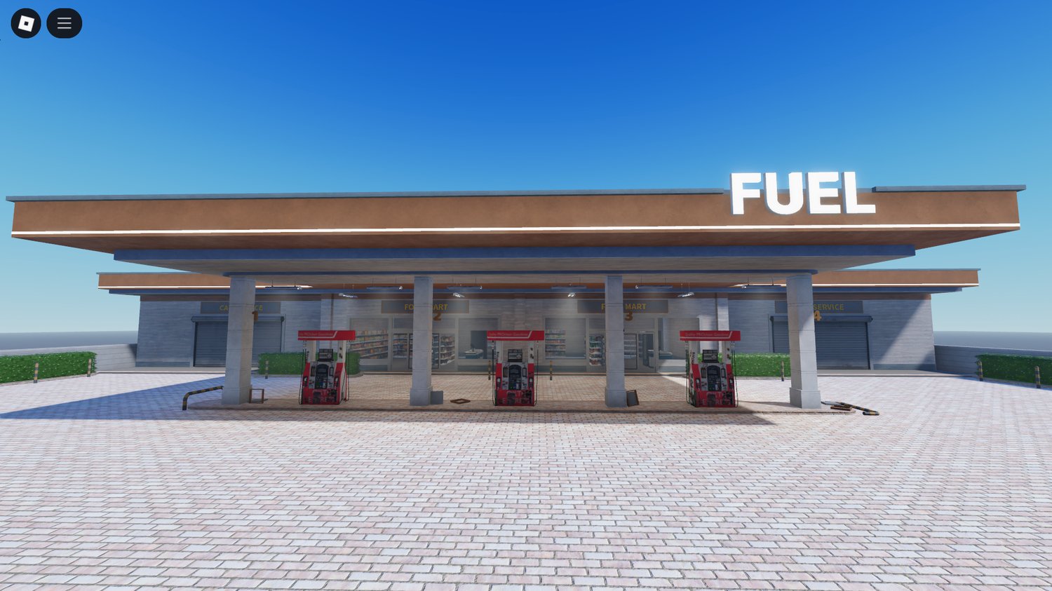 Roblox large gas station exterior with multiple fuel pumps – game-ready map asset