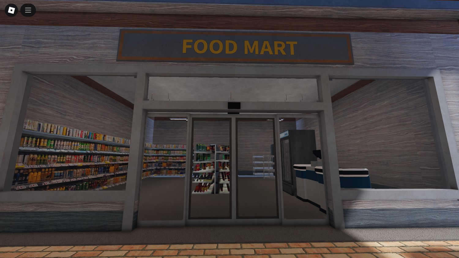 Fully furnished gas station interior with cashier counter and food items – RP ready