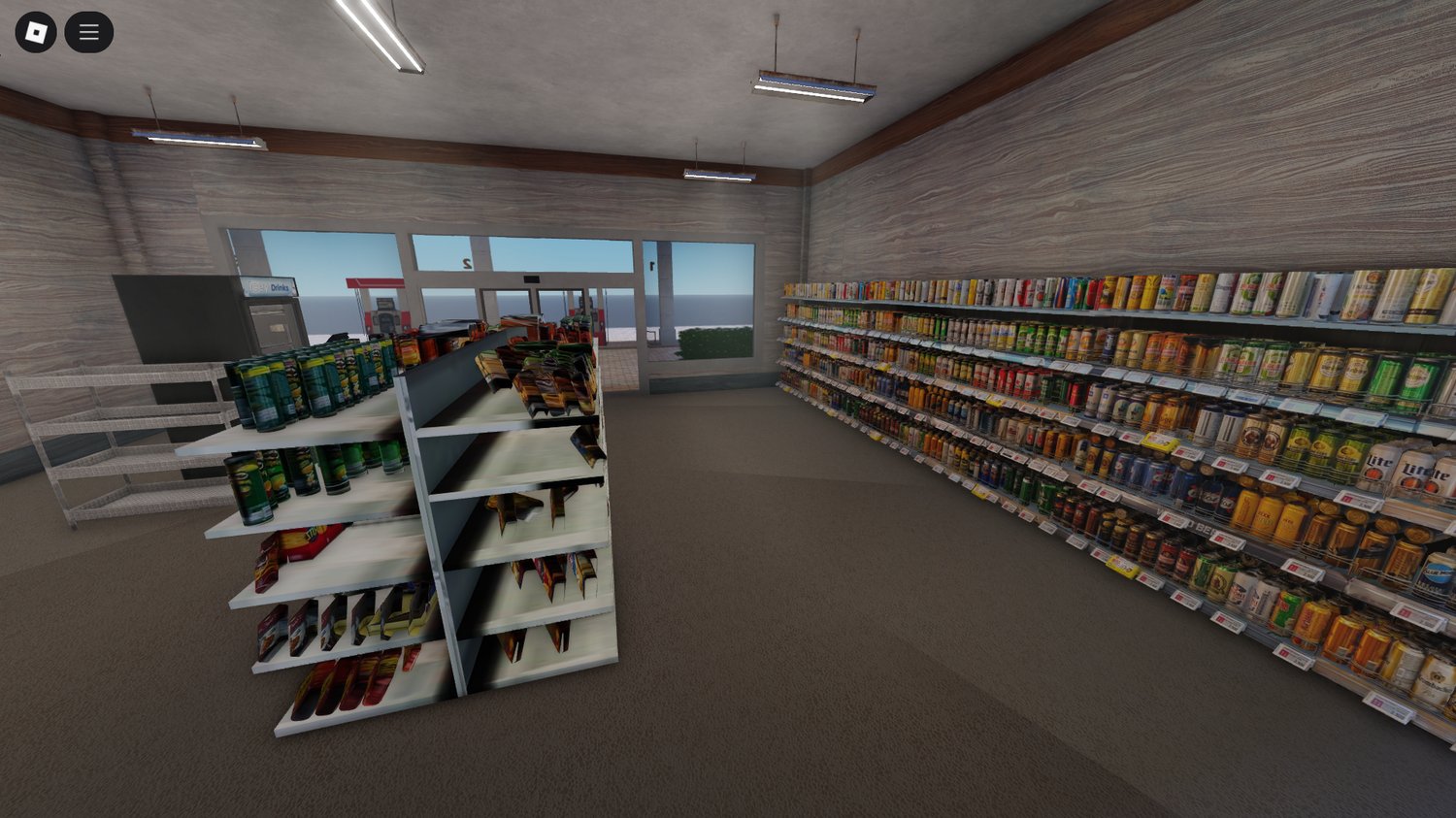 Close-up of fuel dispensers and signage at large Roblox gas station