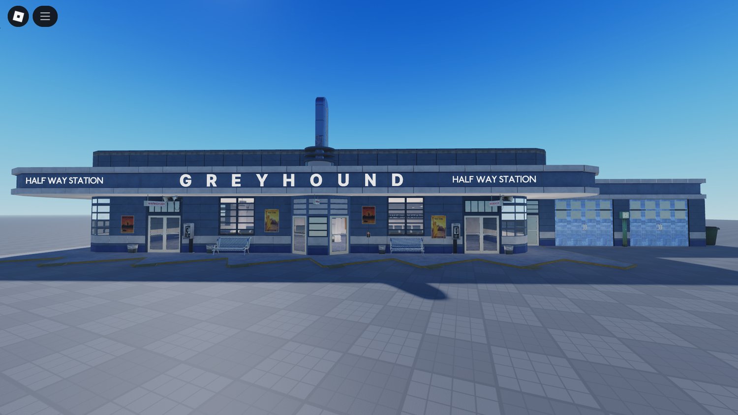 Retro Greyhound bus station exterior with signage – Roblox transit RP asset