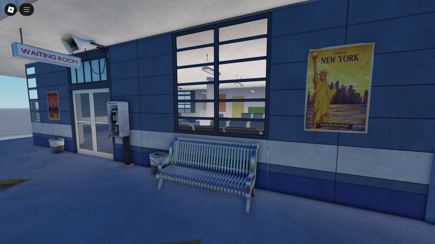 Interior waiting area of retro bus terminal with benches and ticket counter – game-ready
