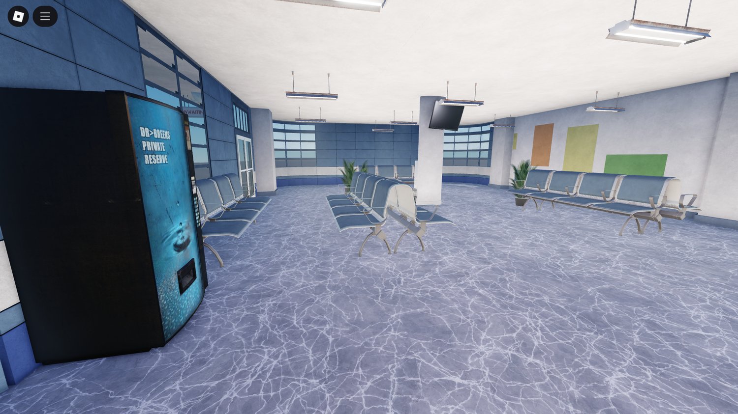 Roblox Greyhound-style bus depot with classic 80s design and lighting