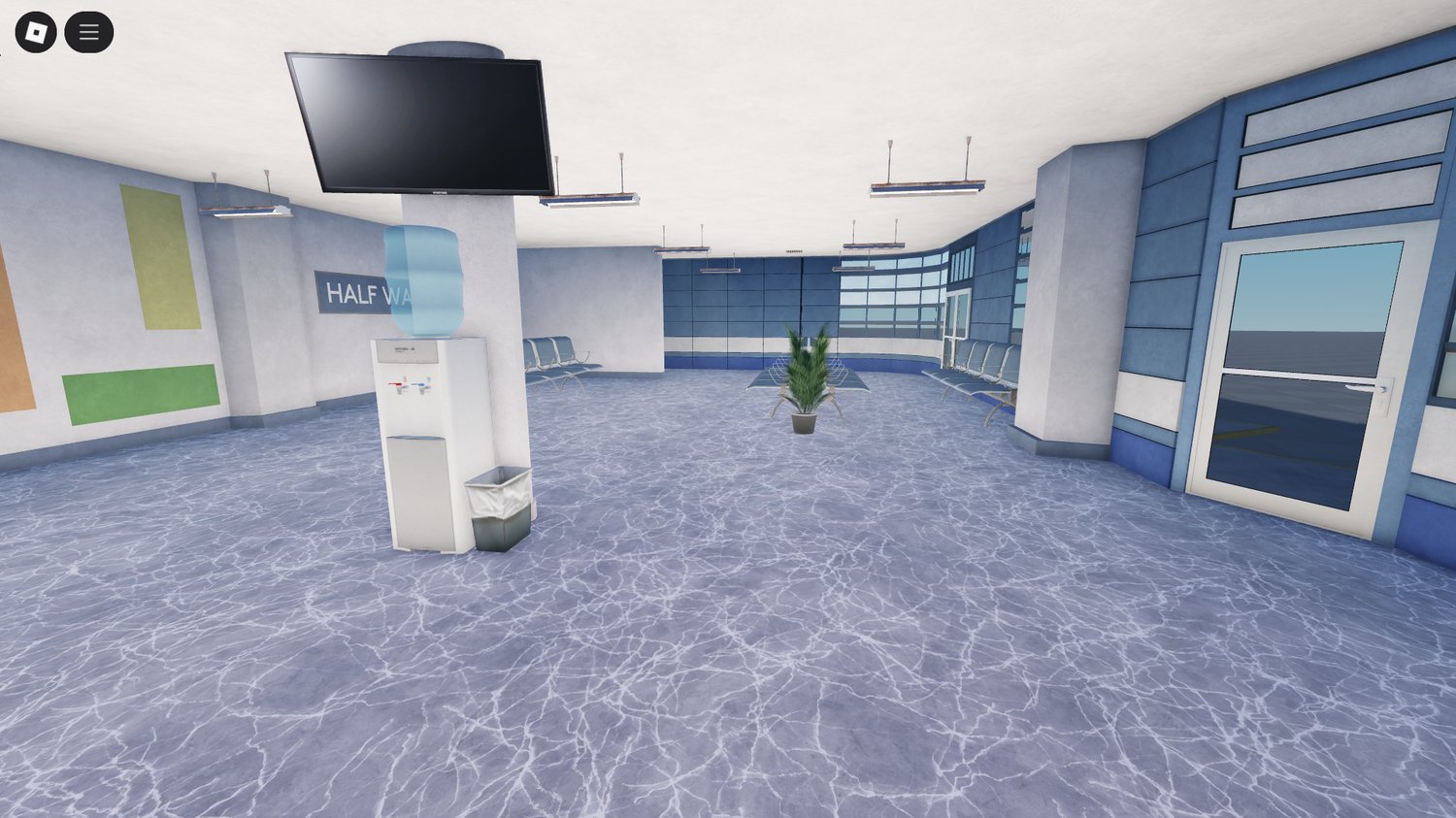 Detailed entrance of vintage Roblox bus station for travel and city RP maps
