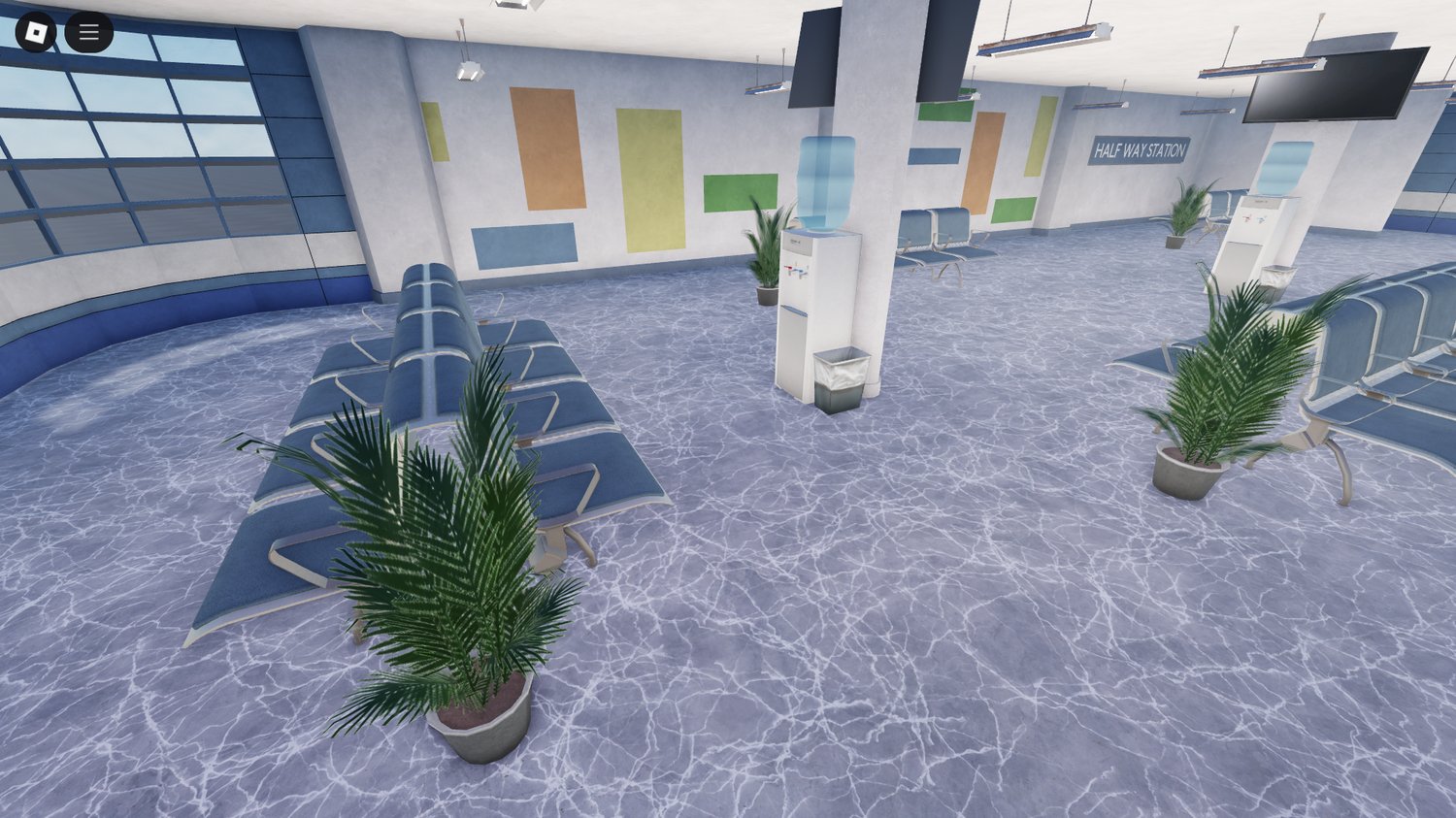 Terminal departure area and doors in Greyhound-style RP station for Roblox