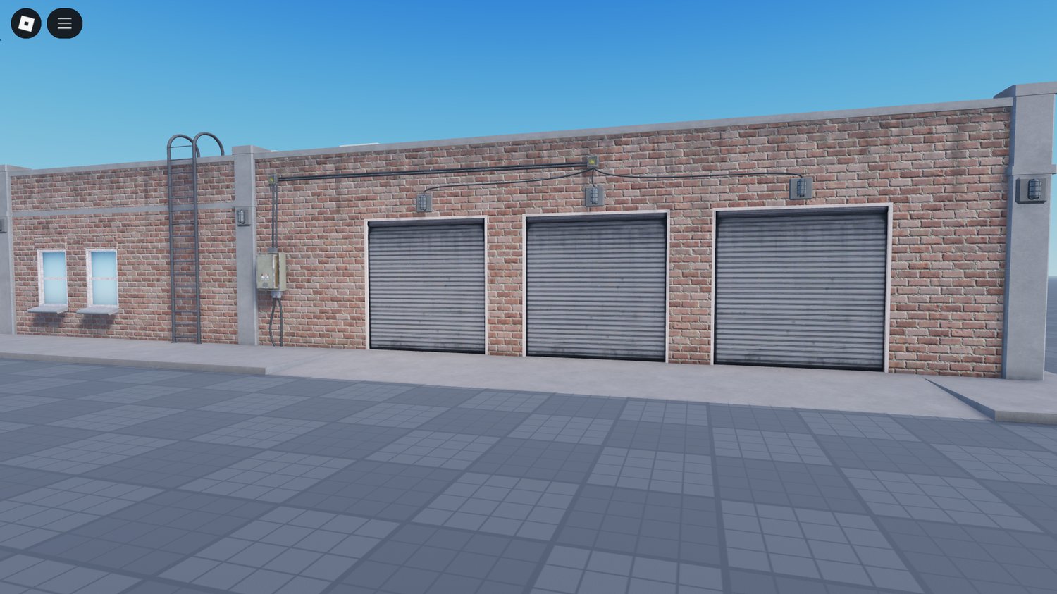 Interior view of Roblox auto garage with custom workbenches and tire racks