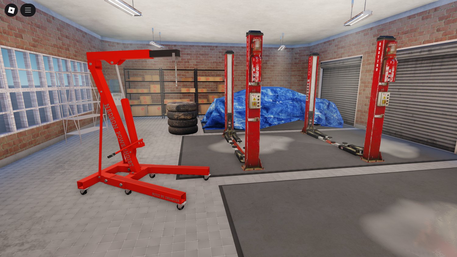 Roblox mechanic garage with vehicle lift zone and custom detailing
