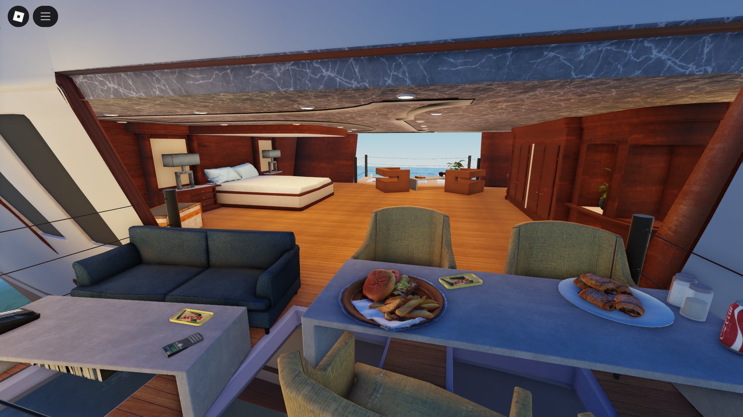 Roblox RP yacht with bedrooms, kitchen, and hot tub on upper deck