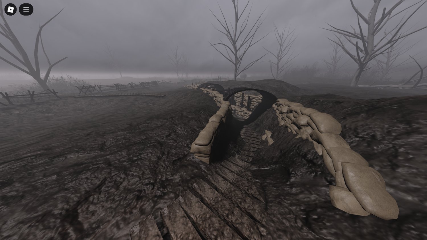 Shell-pocked battlefield with fallen trees and debris – Roblox WW1 RP asset