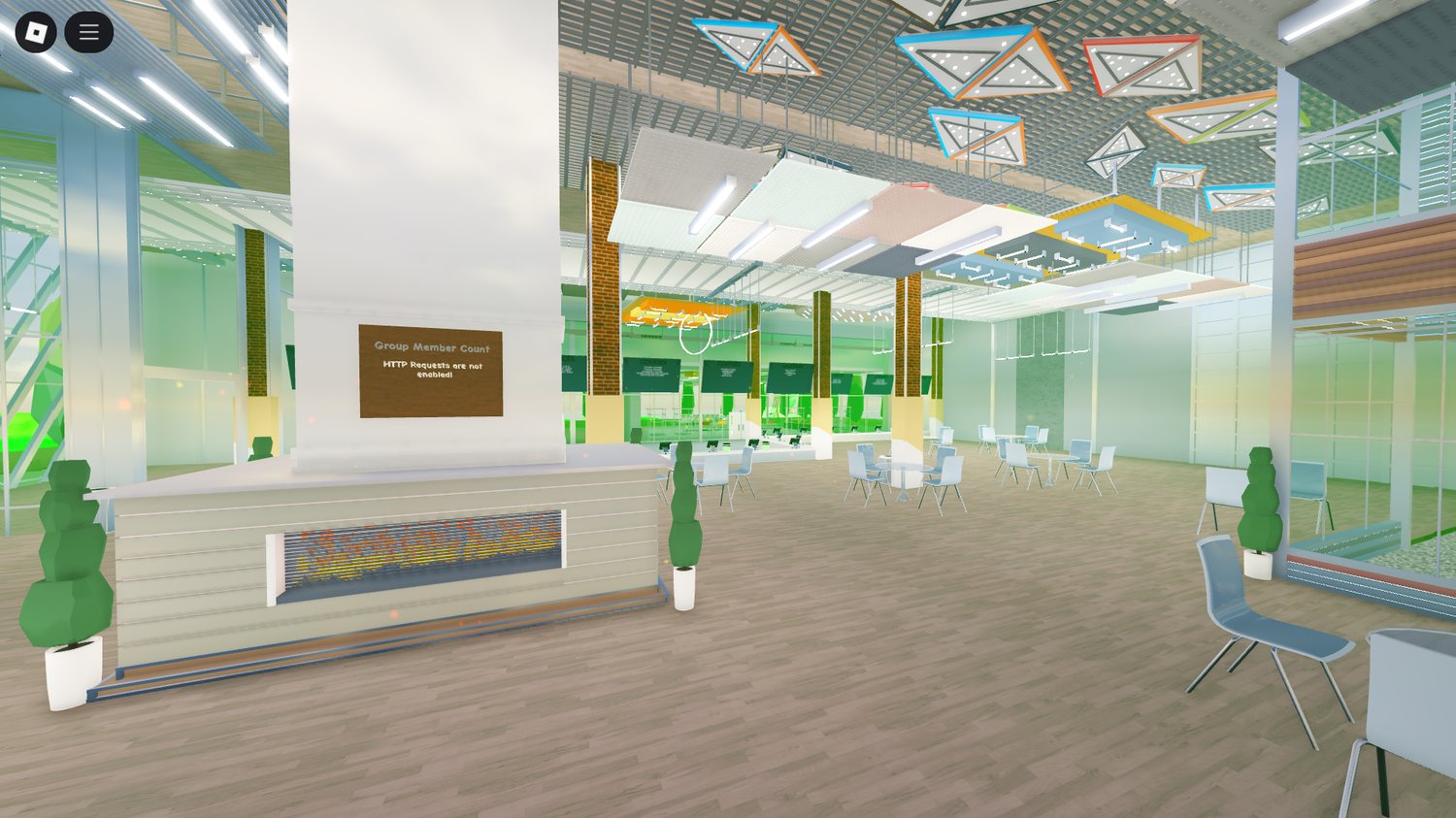 Outdoor dining space with tables and umbrellas in Roblox cafe map