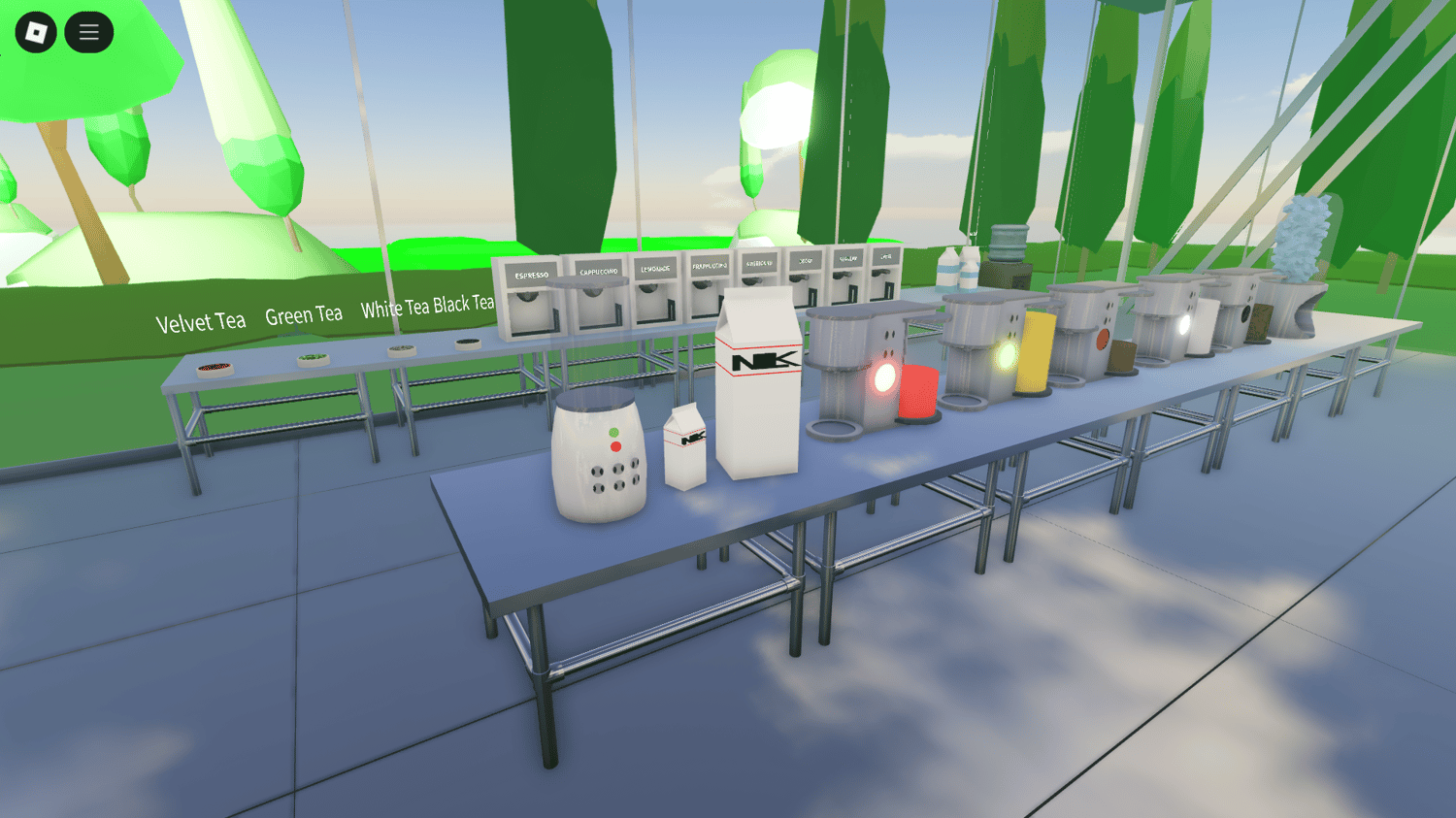 Roblox cafe exterior with glass windows, signage, and sidewalk seating