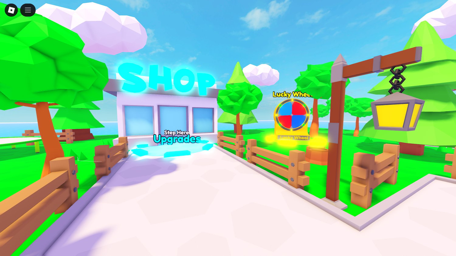 Starter area of Roblox simulator map featuring portals to multiple worlds