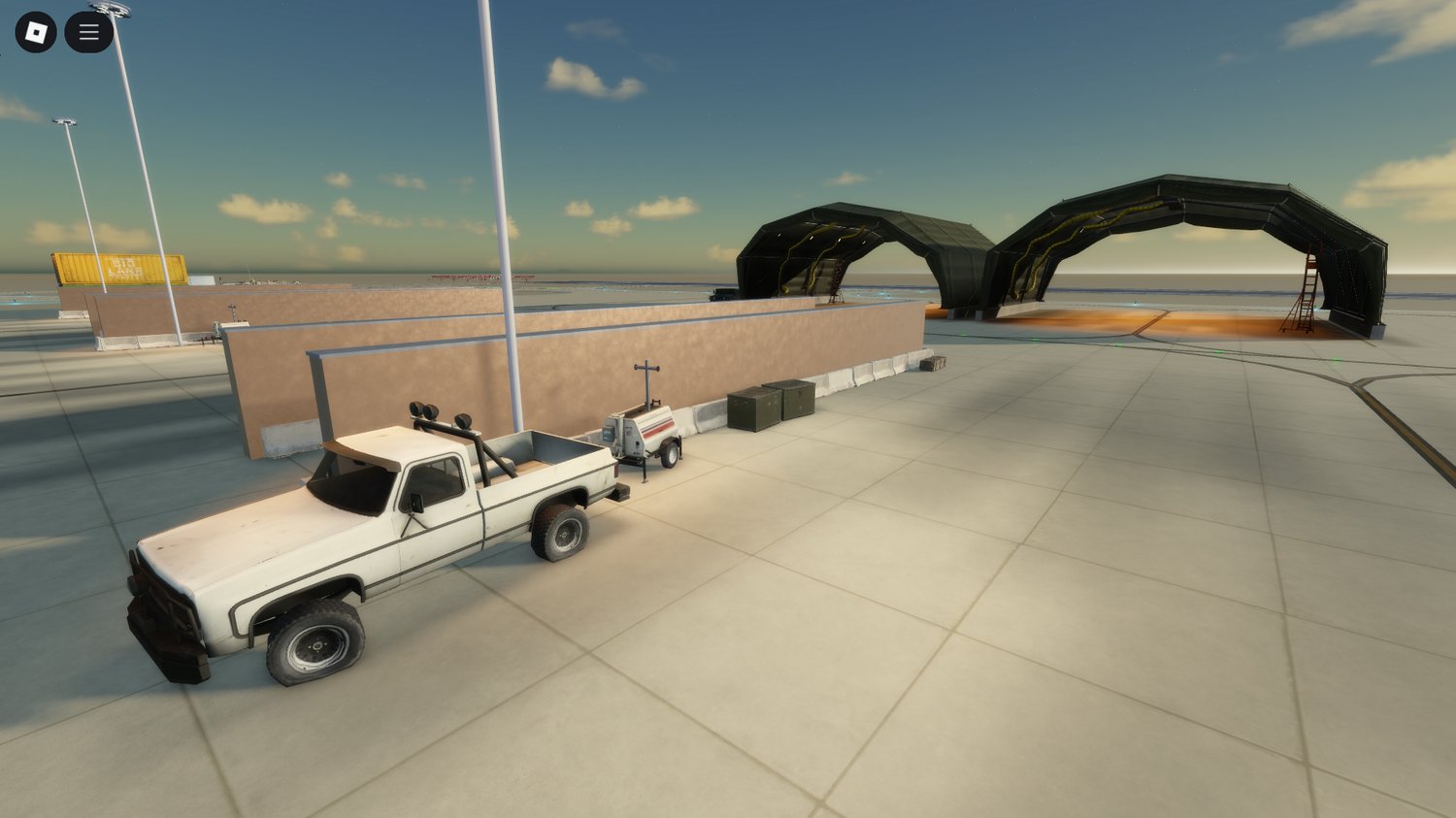 Roblox military base map with HQ buildings, fencing, and vehicle spawns