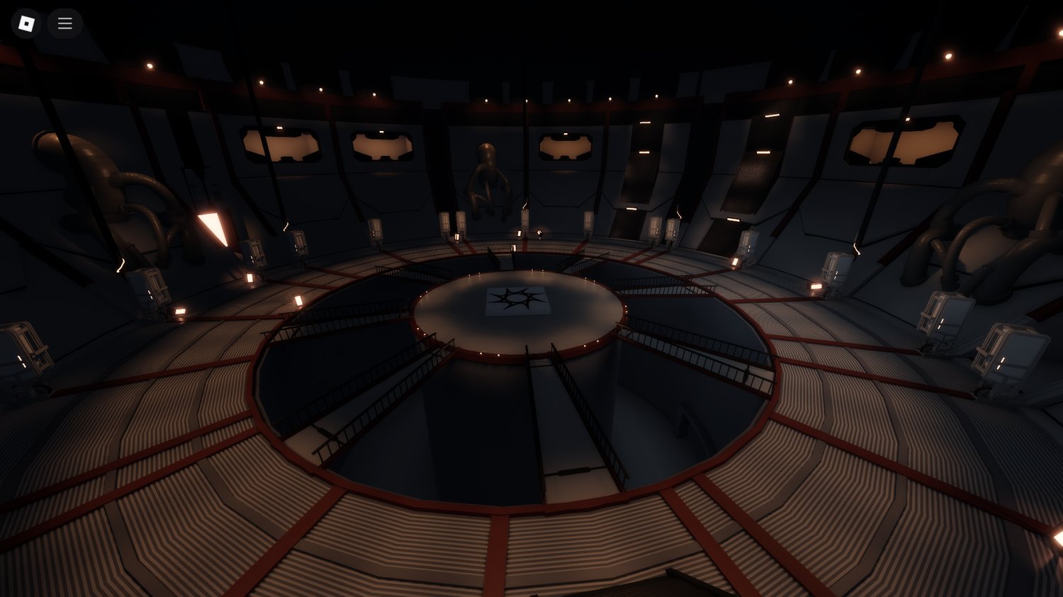 Futuristic battle arena in Roblox with neon lighting and sci-fi architecture