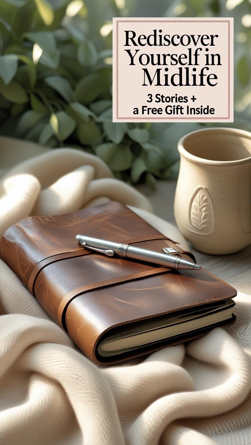 Flat lay of an open journal with a pen resting on a soft cream blanket, next to a ceramic mug. Natural light and greenery in the background create a peaceful, cozy atmosphere. Overlaid text reads: “Rediscover Yourself in Midlife – 3 Stories + A Free Gift 
