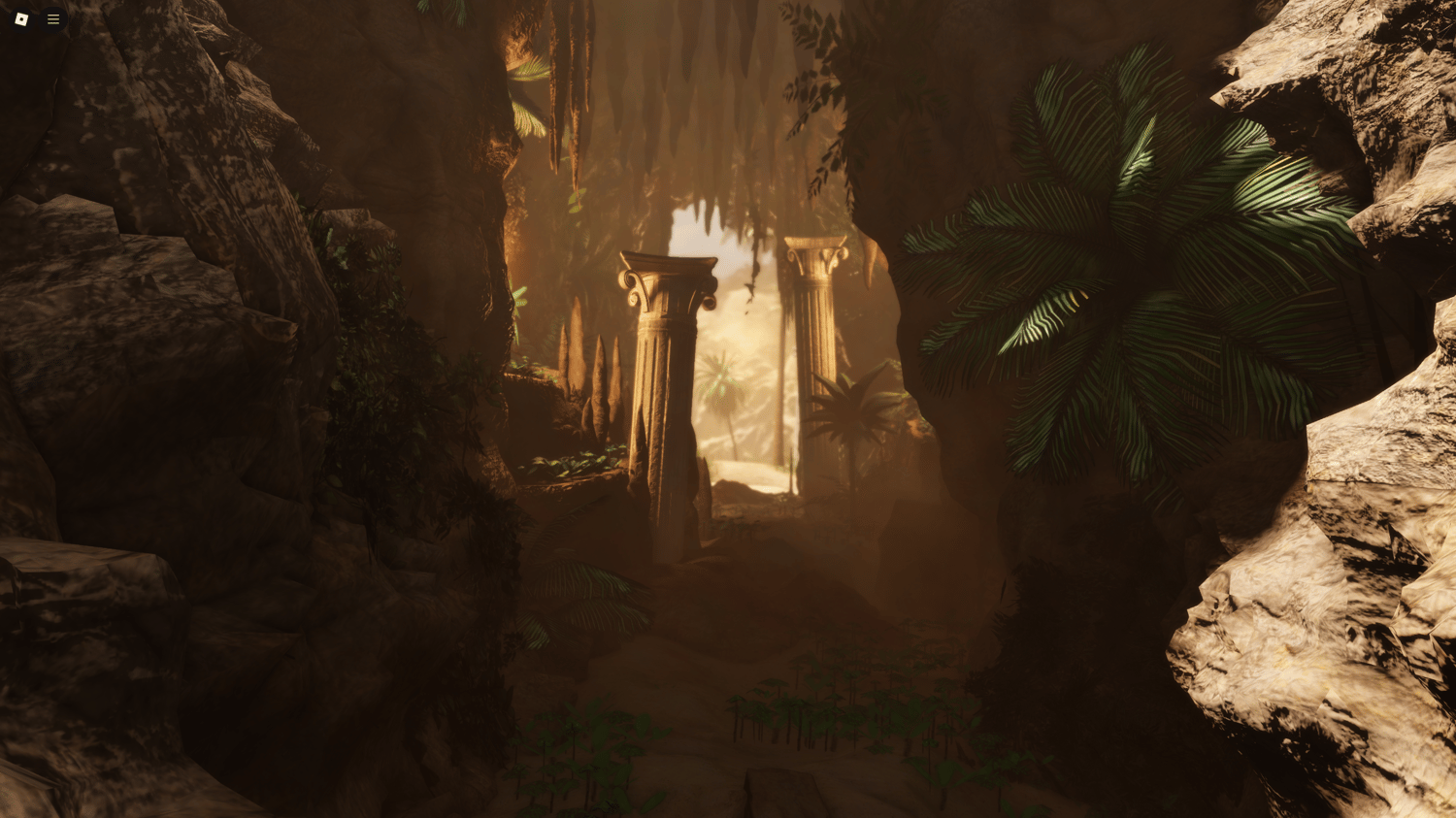Palm trees and rocks surrounding showcase area