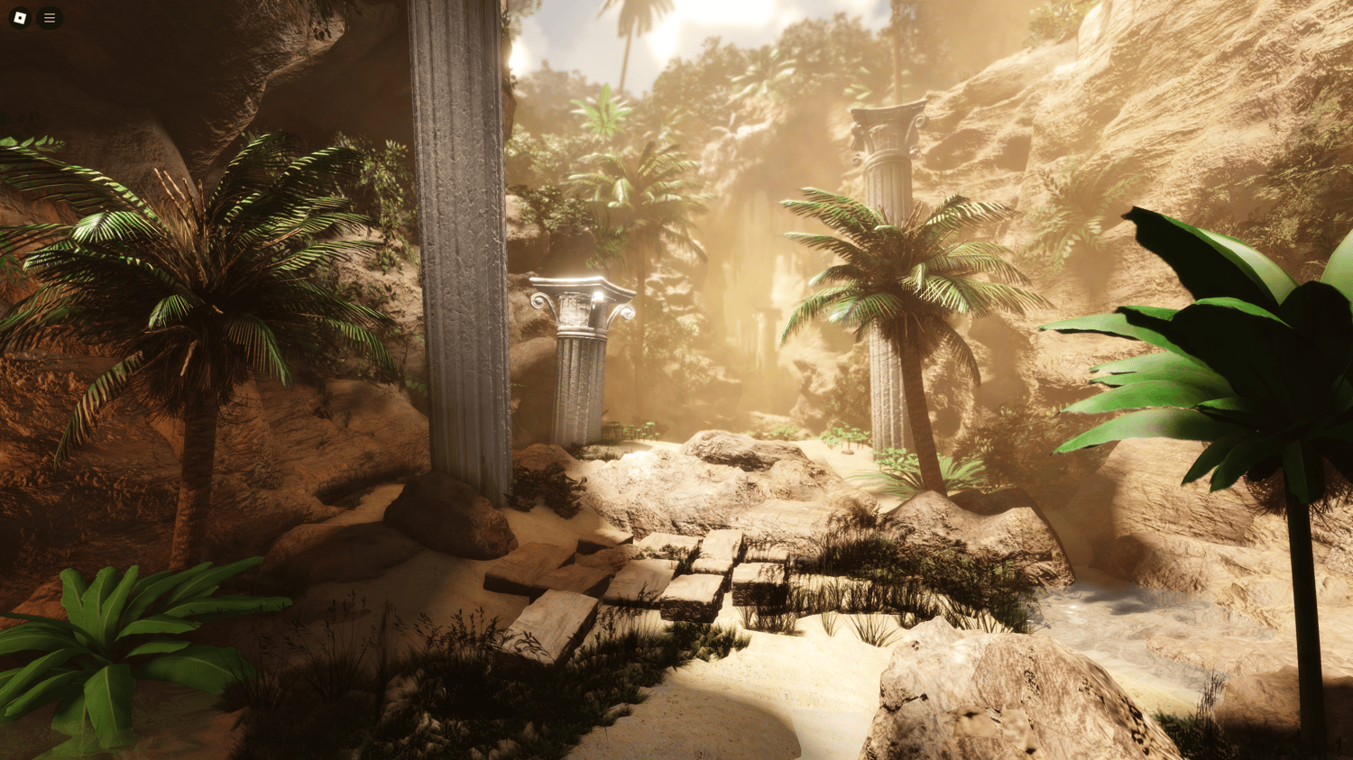 Greek-style pillar ruins in jungle setting
