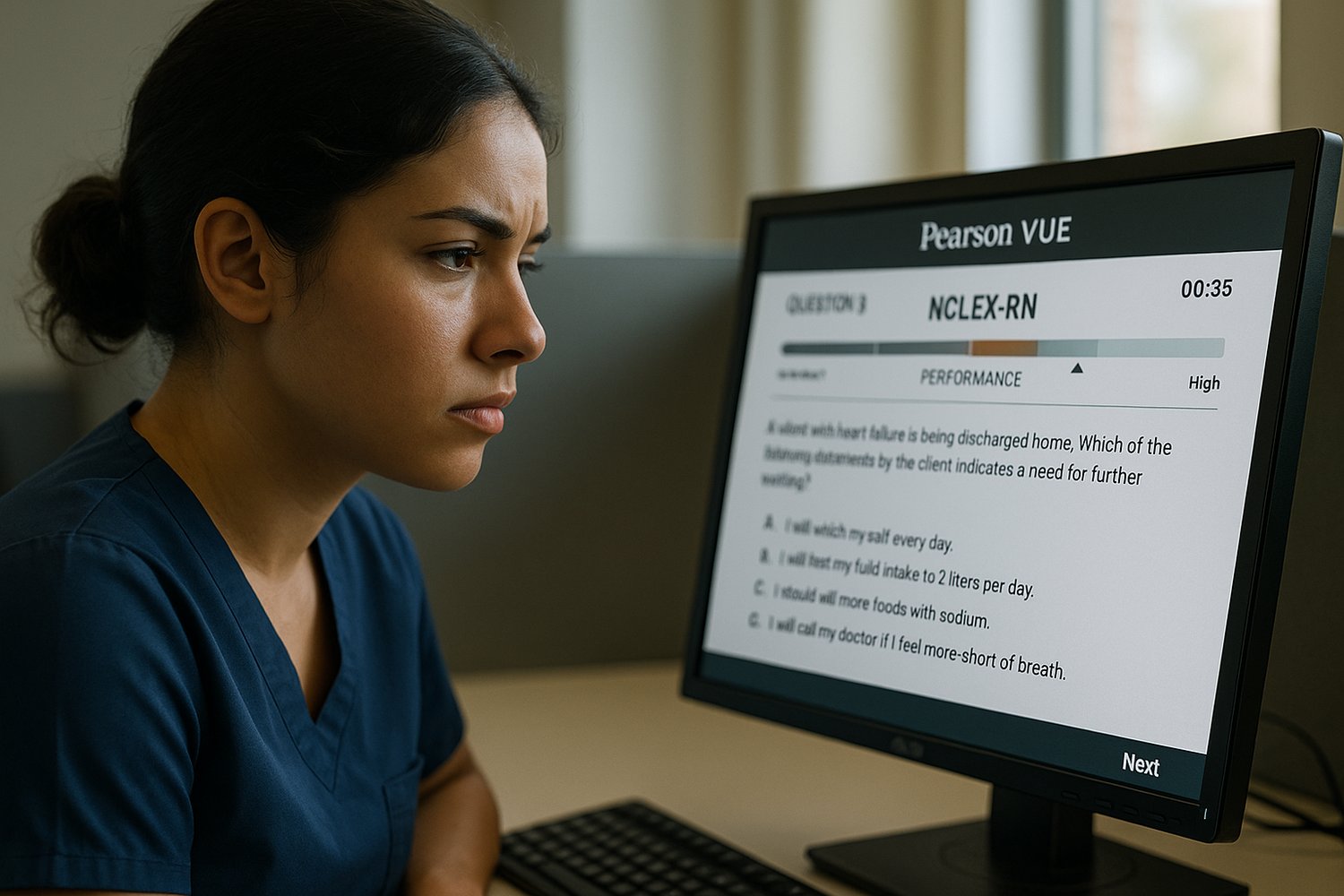 A close-up image of a nursing student seated at a Pearson VUE testing workstation, focused on the screen while answering NCLEX-RN questions.