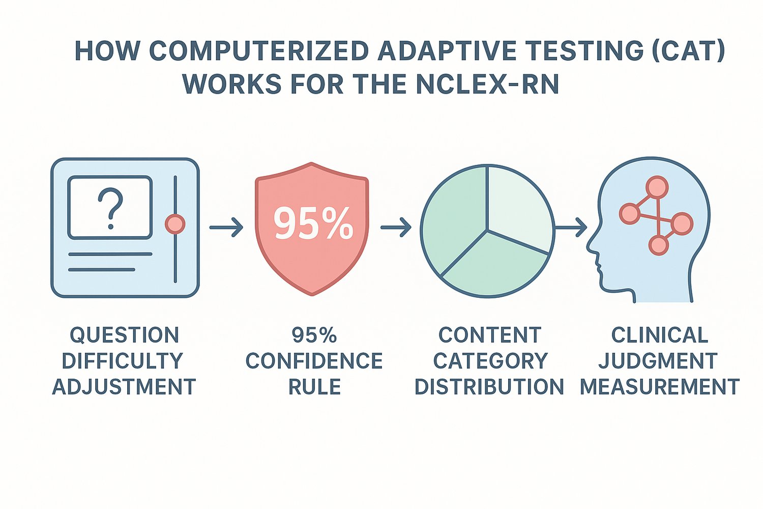 A clean, professional horizontal medical infographic explaining how Computerized Adaptive Testing (CAT) works for the NCLEX-RN.