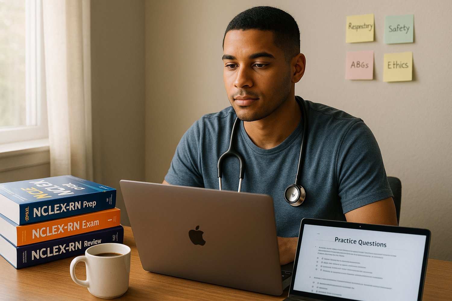 focused male nursing student sitting at a desk in a quiet study space, surrounded by NCLEX prep books and a laptop displaying practice questions.