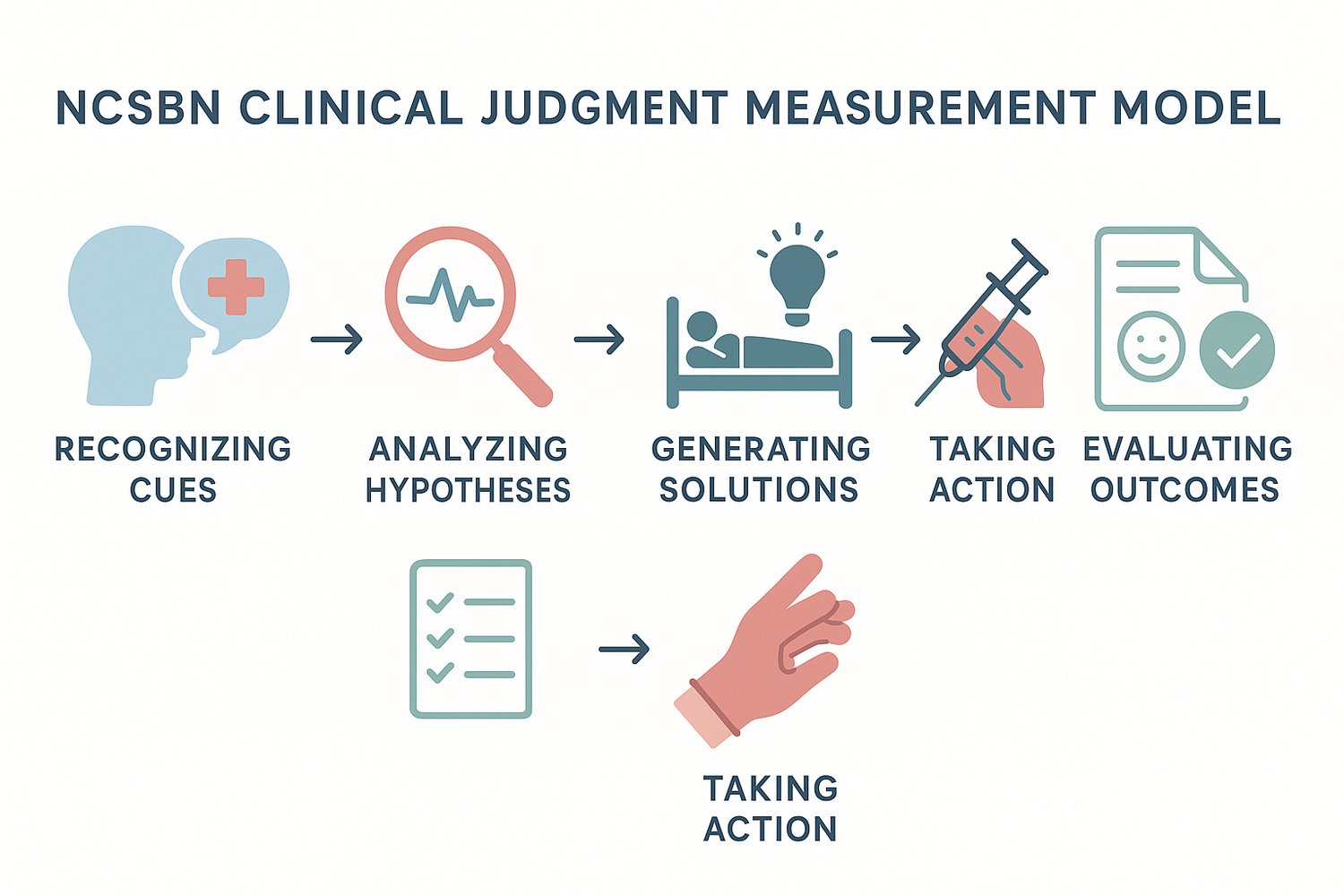 the six steps of the NCSBN Clinical Judgment Measurement Model in the context of post-operative care: recognizing cues, analyzing cues, prioritizing hypotheses, generating solutions, taking action, and evaluating outcome