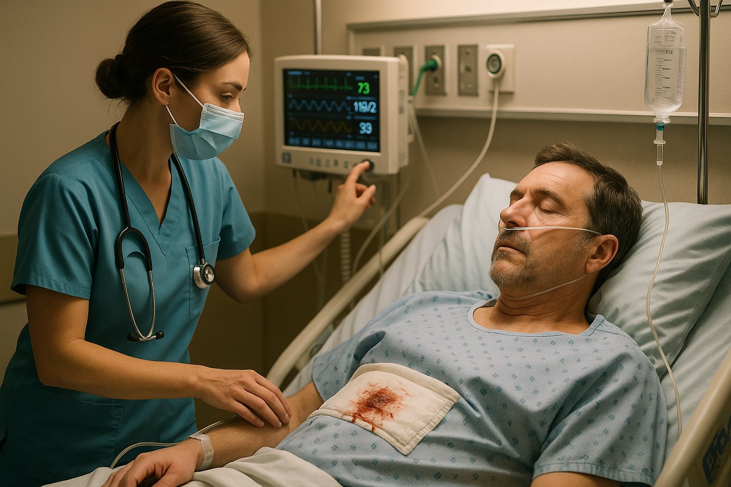 hospital scene showing a registered nurse in scrubs monitoring a post-operative patient in a surgical recovery room. The nurse is checking the patient’s vital signs on a monitor, assessing a surgical dressing with visible drainage, and ensuring an oxygen 