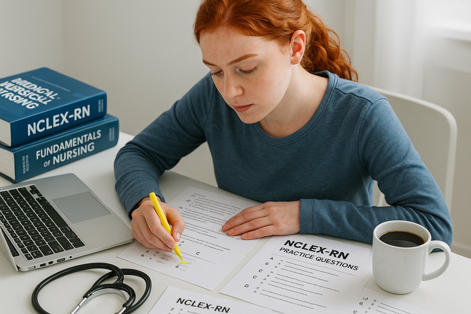 A studying nursing student highlighting one correct answer among several distractors on a multiple-choice question.