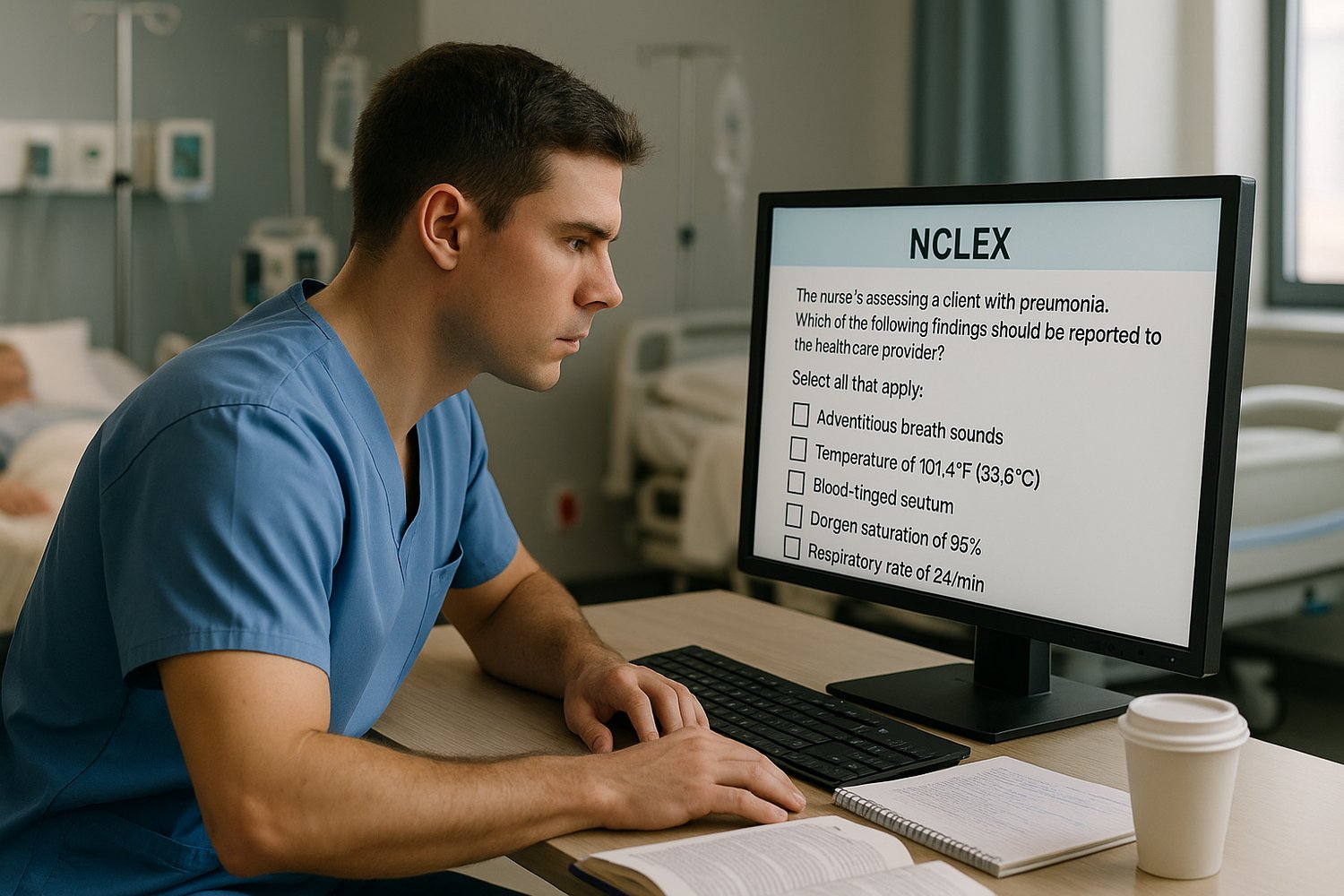 a nursing student in a modern simulation lab, focused on a computer screen showing an NCLEX-style select-all-that-apply question