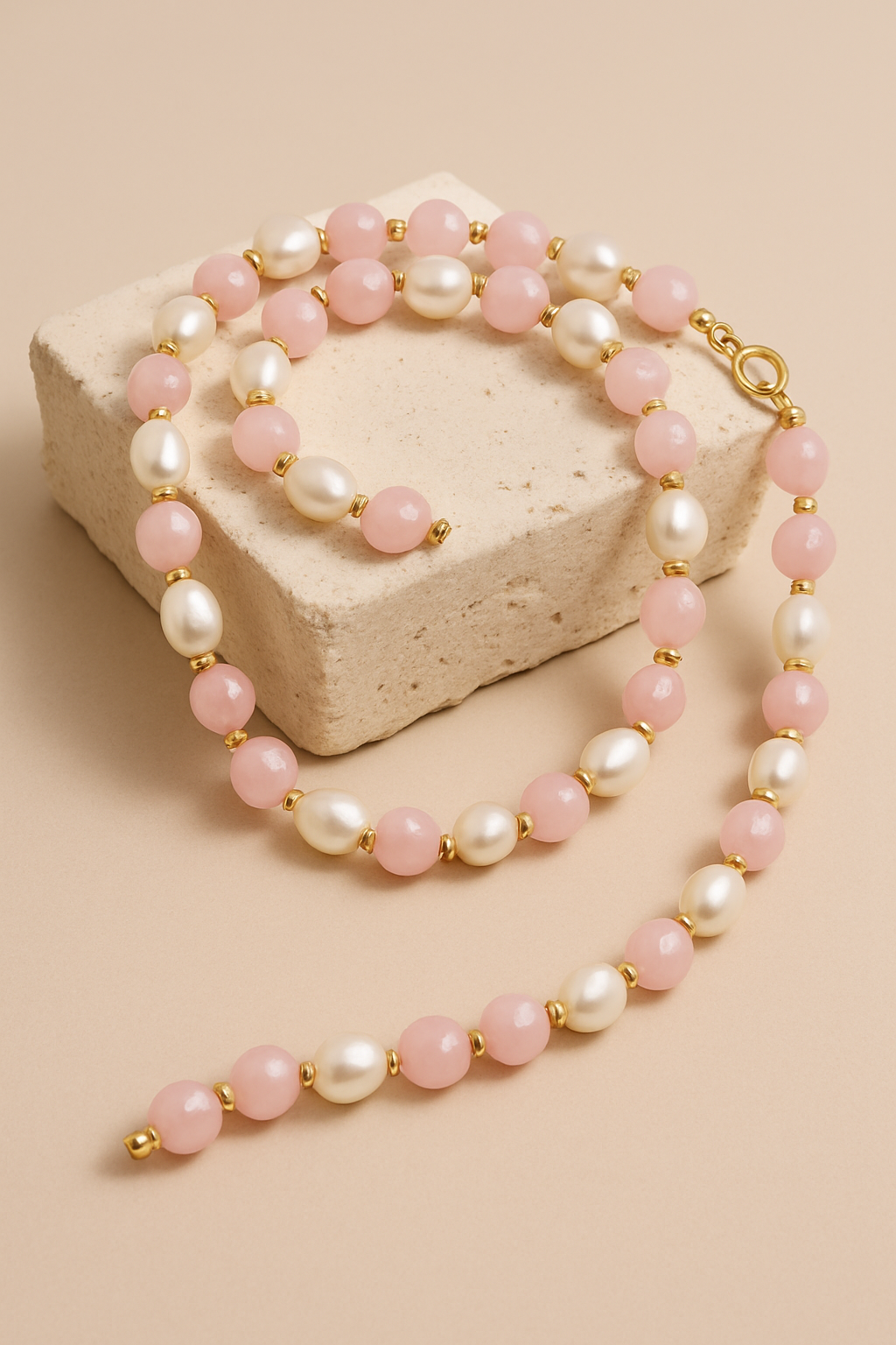Handmade pink and white pearl necklace symbolizing transformation through creativity and skill-stacking