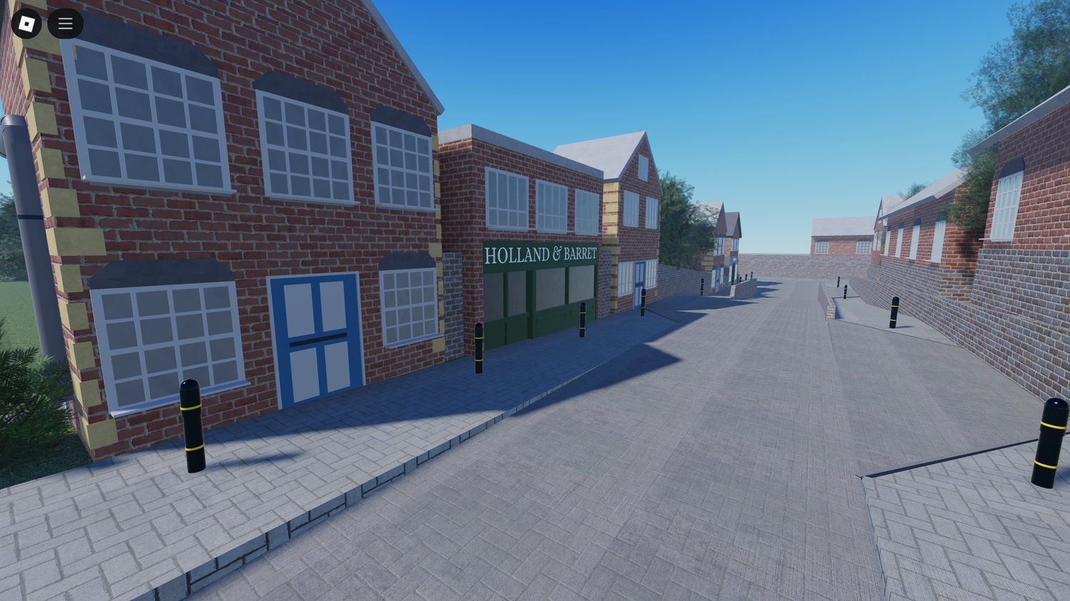 Roblox roleplay map with small shops, cottages, and scenic countryside